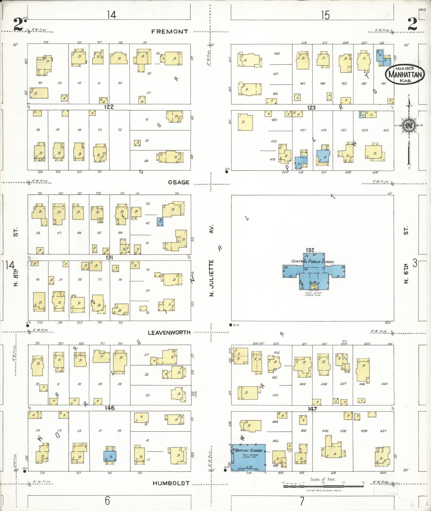 Sanborn Fire Insurance Map from Manhattan, Riley County, Kansas (1923), Sheet #0002 - Historic Sanborn Fire Insurance Map Print, vintage old map wall art, antique decor, genealogy gift, Kansas Kansas map