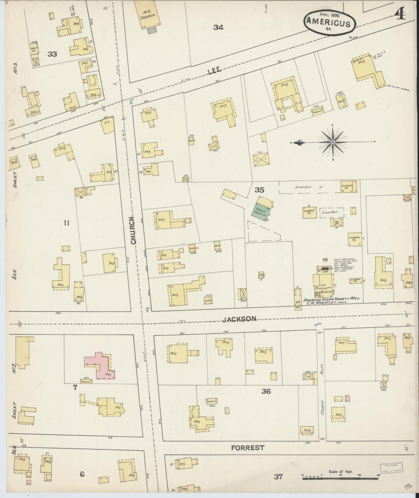 Sanborn Fire Insurance Map from Americus, Sumter County, Georgia (1890), Sheet #0004 - Complete Map Set gallery image, historic Sanborn map, vintage wall art, Georgia Georgia