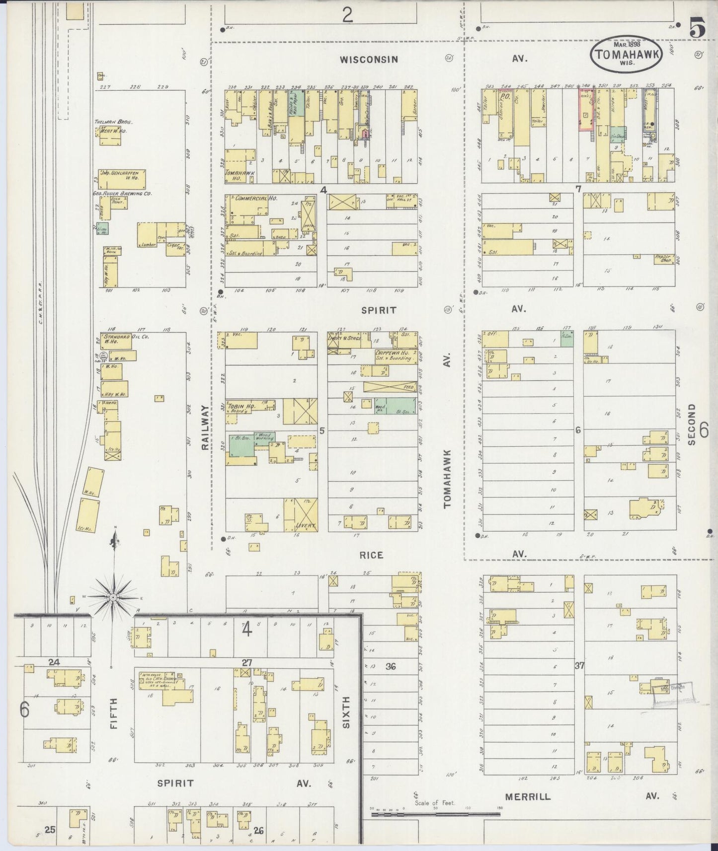Sanborn Fire Insurance Map from Tomahawk, Lincoln County, Wisconsin (1898), Sheet #0005 - Historic Sanborn Fire Insurance Map Print, vintage old map wall art, antique decor, genealogy gift, Wisconsin Wisconsin map