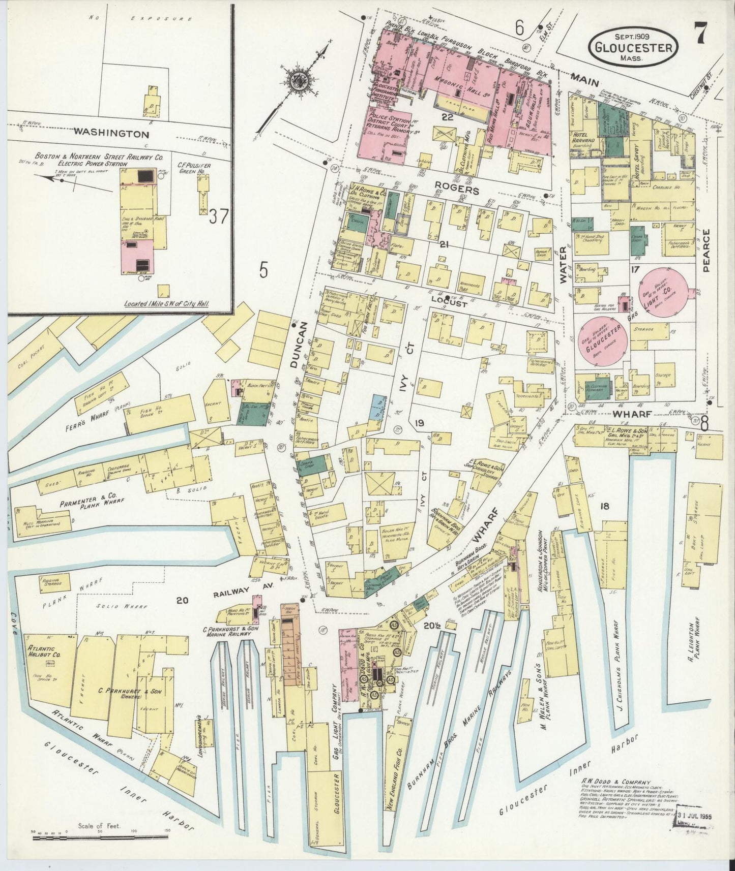 Sanborn Fire Insurance Map from Gloucester, Essex County, Massachusetts (1909), Sheet #0007 - Historic Sanborn Fire Insurance Map Print, vintage old map wall art, antique decor, genealogy gift, Massachusetts Massachusetts map