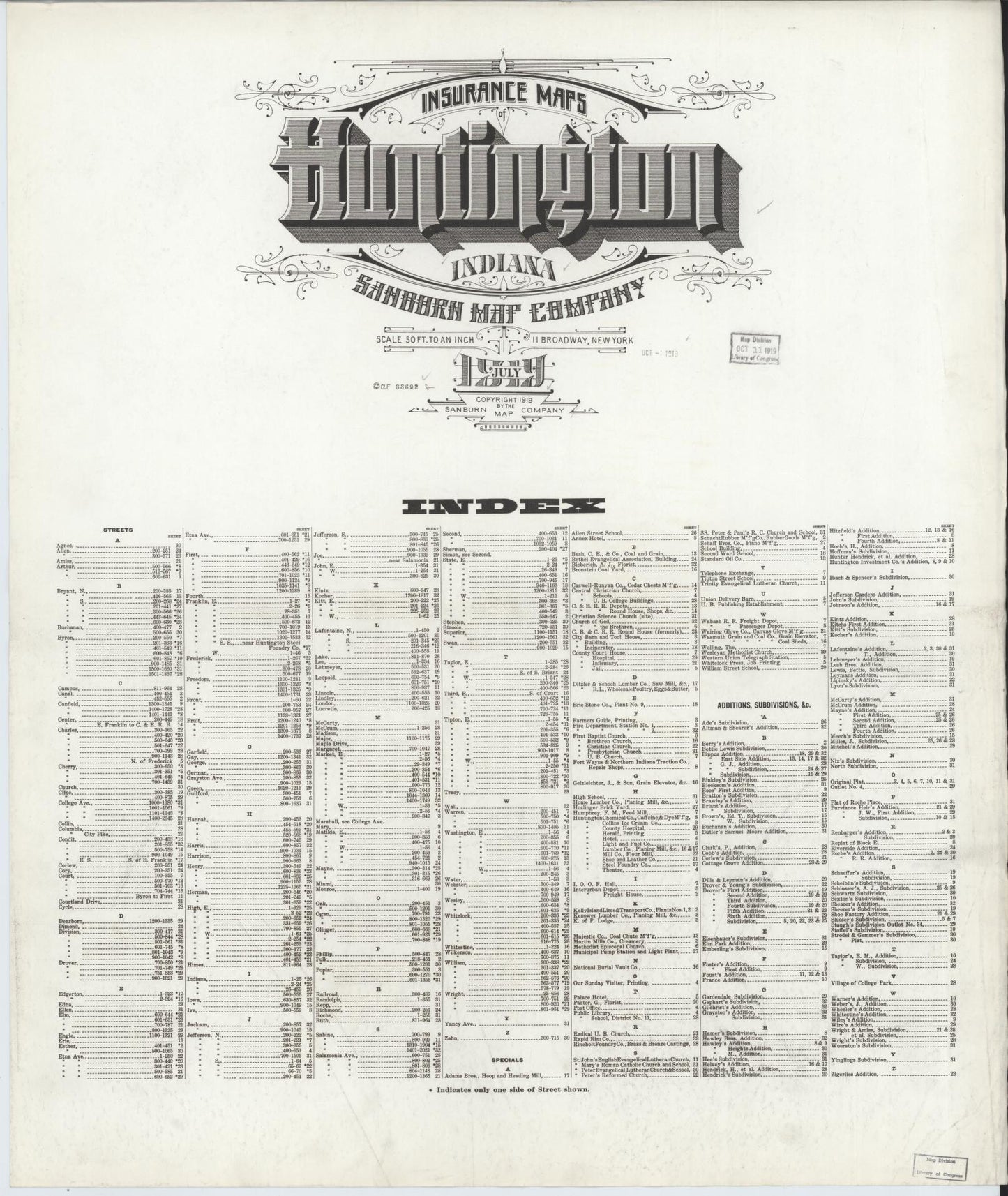 Sanborn Fire Insurance Map from Huntington, Huntington County, Indiana (1919), Sheet #0001 - Historic Sanborn Fire Insurance Map Print, vintage old map wall art, antique decor, genealogy gift, Indiana Indiana map
