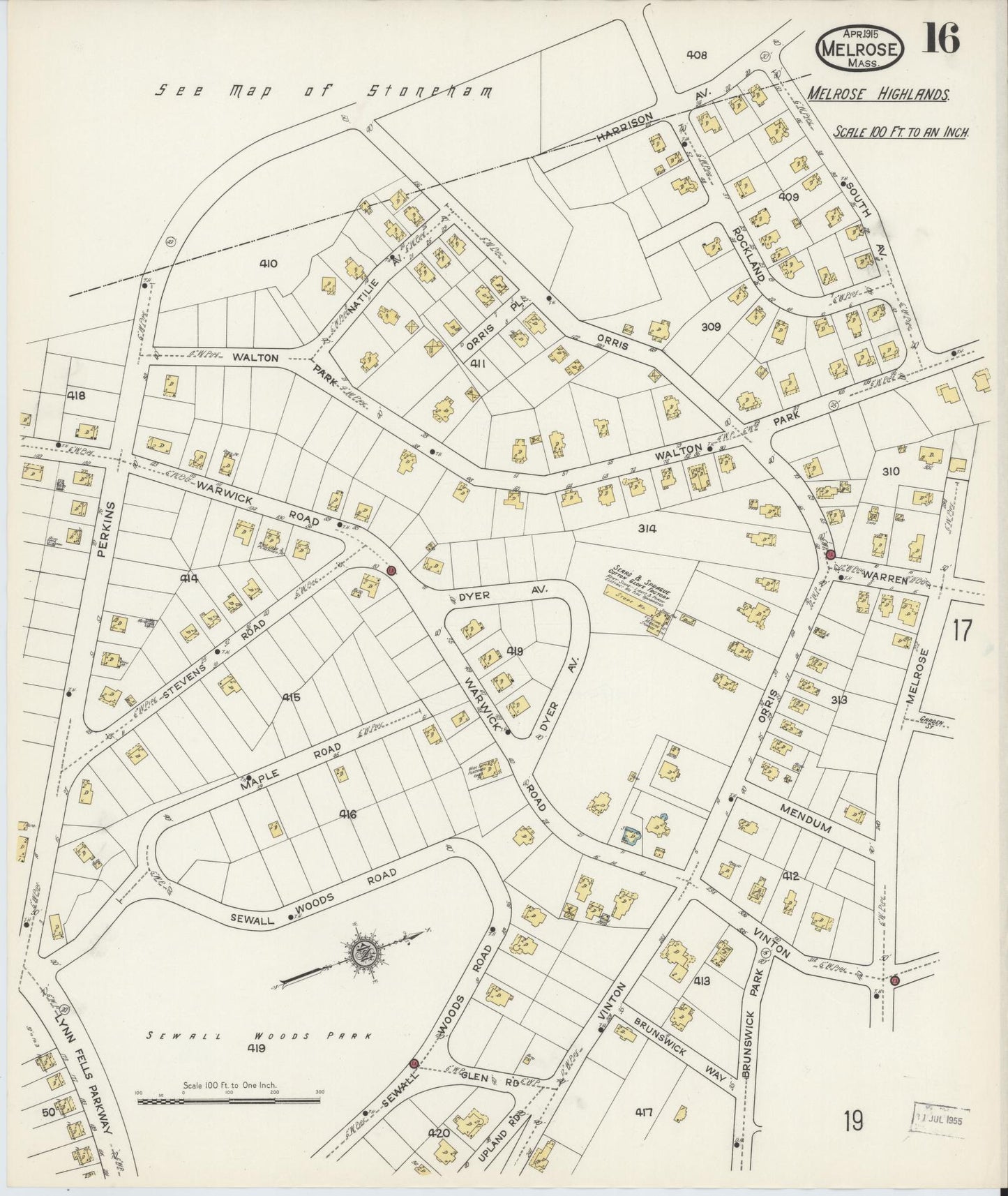 Sanborn Fire Insurance Map from Melrose, Middlesex County, Massachusetts (1915), Sheet #0016 - Historic Sanborn Fire Insurance Map Print, vintage old map wall art, antique decor, genealogy gift, Massachusetts Massachusetts map
