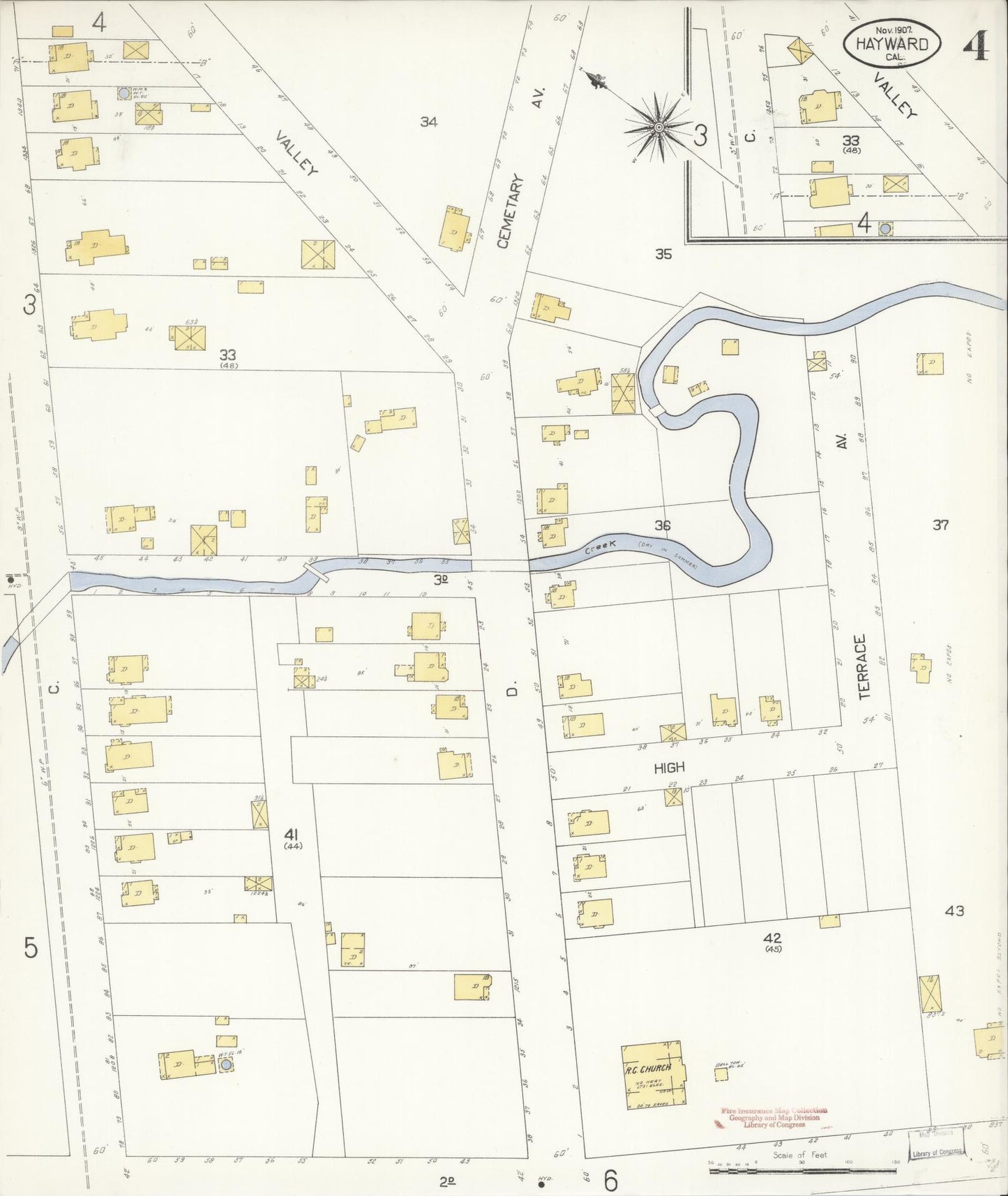 Sanborn Fire Insurance Map from Hayward, Alameda County, California (1907), Sheet #0004 - Historic Sanborn Fire Insurance Map Print, vintage old map wall art, antique decor, genealogy gift, California California map
