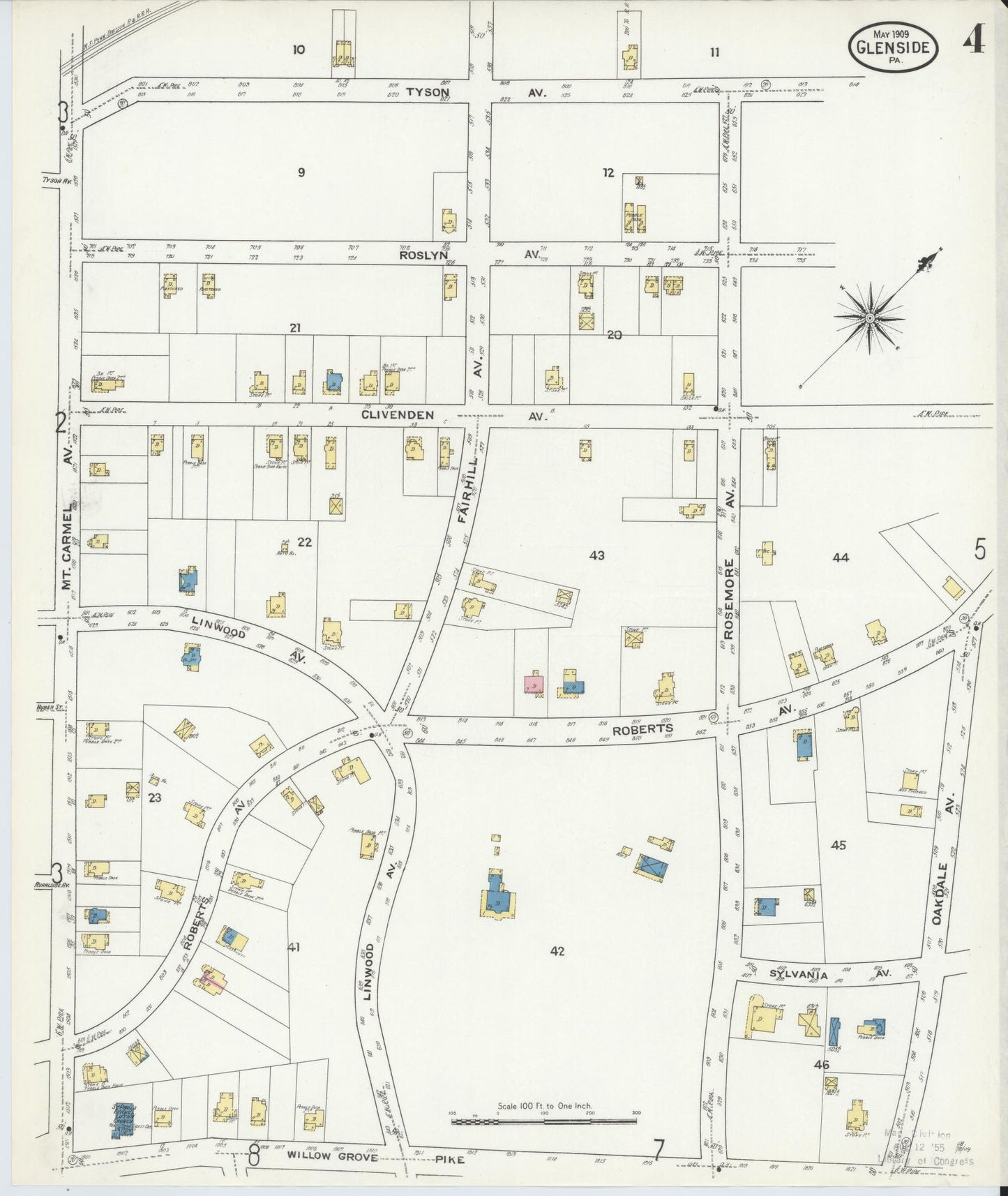 Sanborn Fire Insurance Map from Glenside, Montgomery County, Pennsylvania (1909), Sheet #0004 - Historic Sanborn Fire Insurance Map Print, vintage old map wall art, antique decor, genealogy gift, Pennsylvania Pennsylvania map