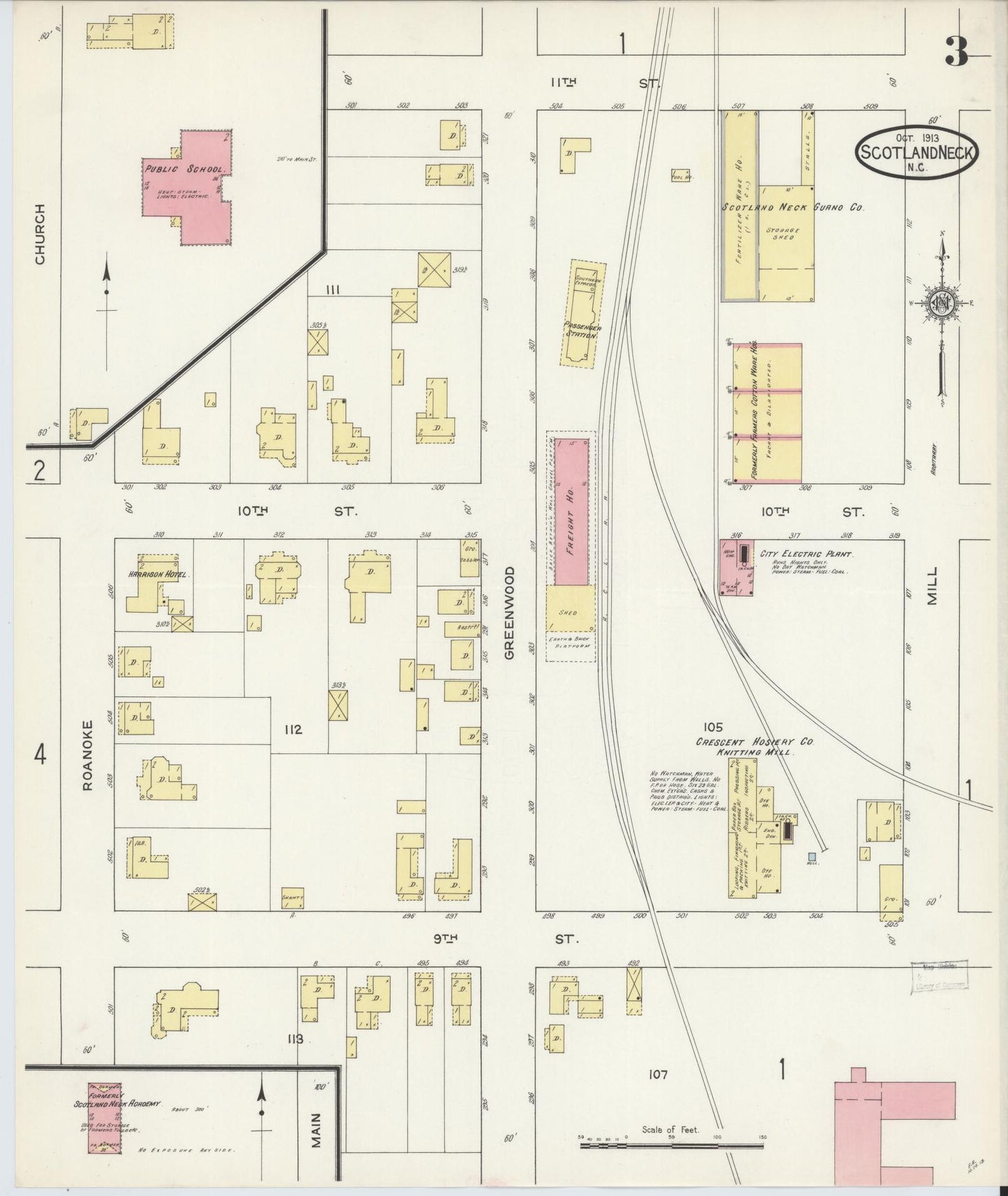 Sanborn Fire Insurance Map from Scotland Neck, Halifax County, North Carolina (1913), Sheet #0003 - Historic Sanborn Fire Insurance Map Print, vintage old map wall art, antique decor, genealogy gift, North Carolina North Carolina map