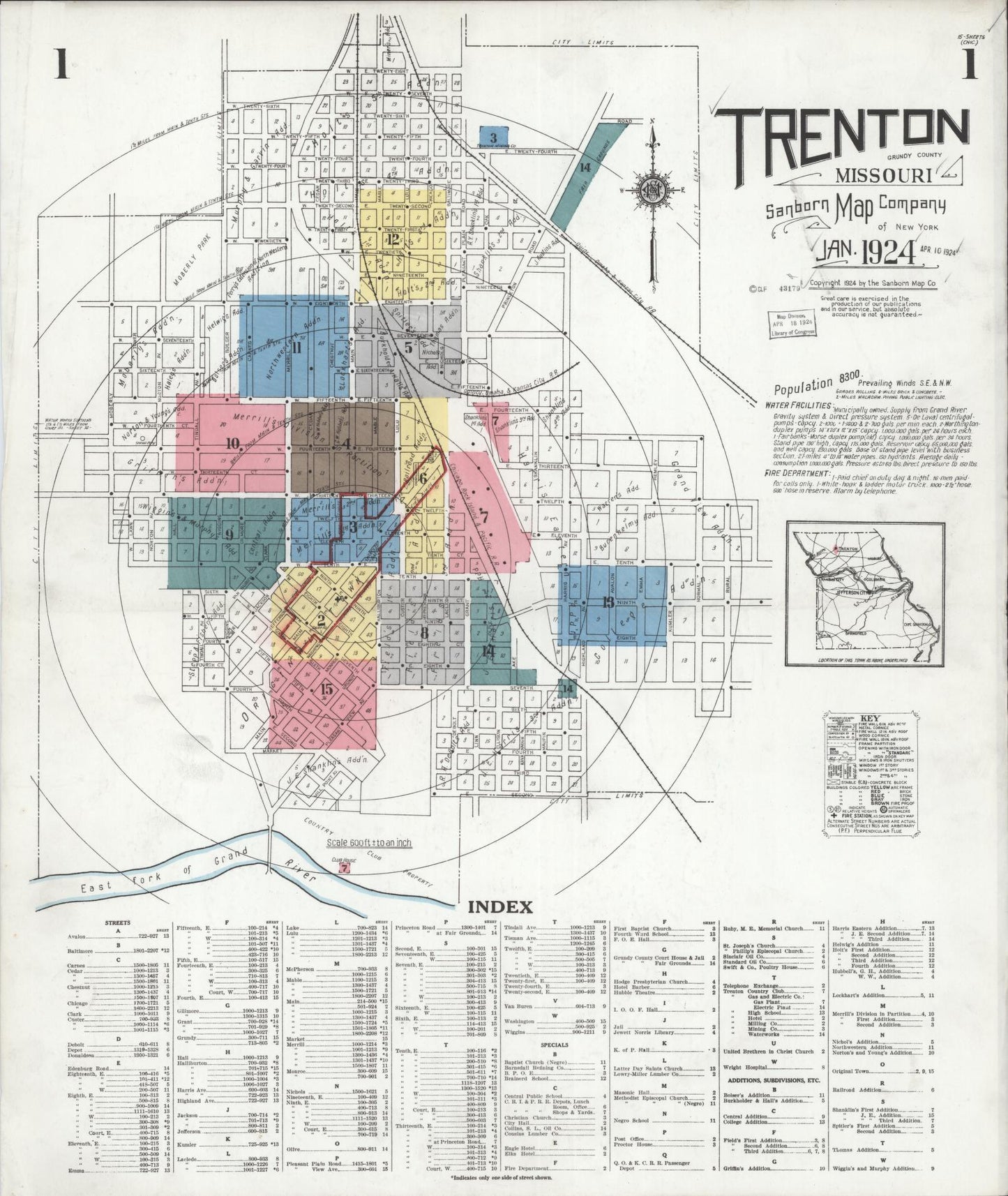 Sanborn Fire Insurance Map from Trenton, Grundy County, Missouri (1924), Sheet #0001 - Historic Sanborn Fire Insurance Map Print, vintage old map wall art, antique decor, genealogy gift, Missouri Missouri map