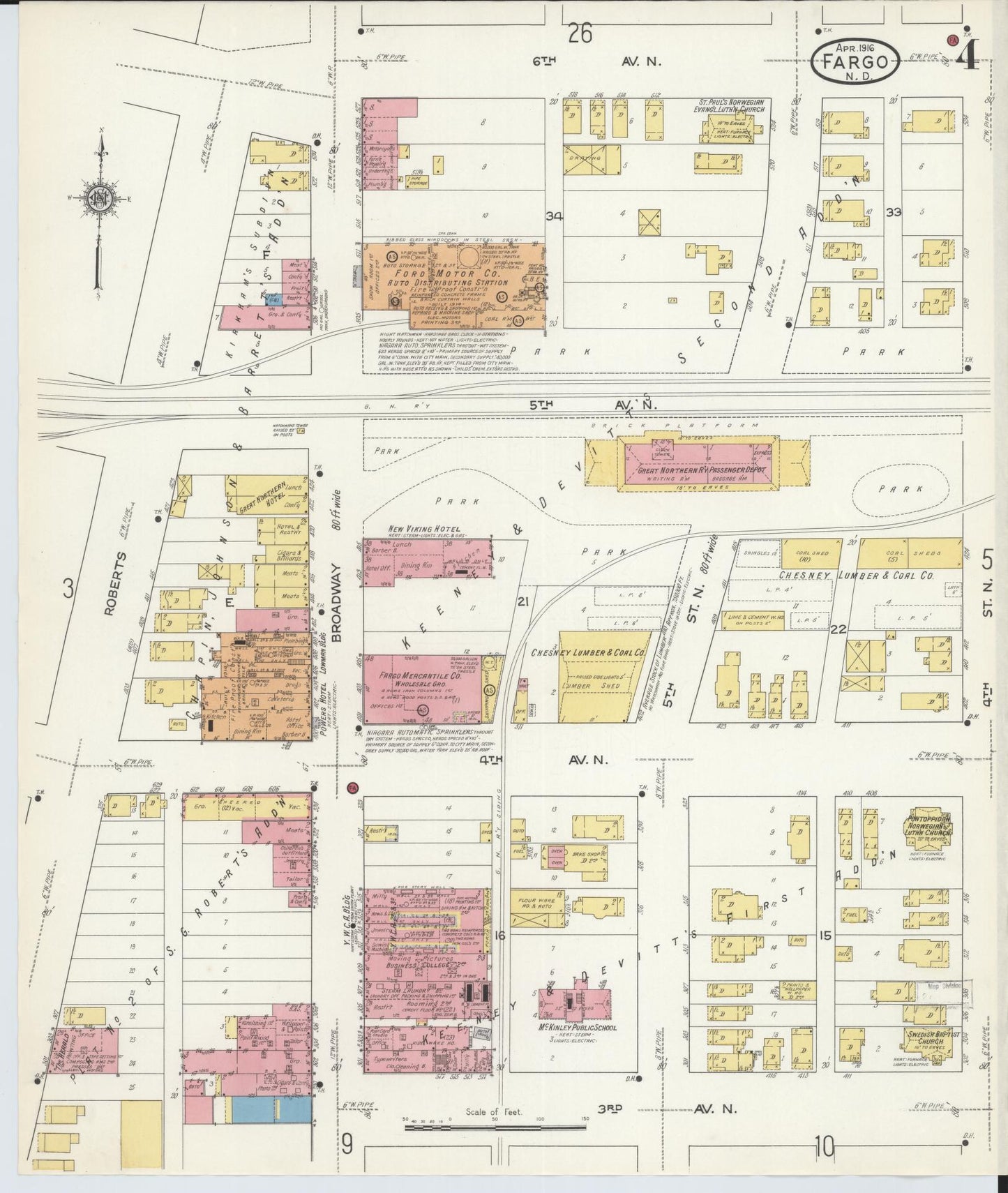 Sanborn Fire Insurance Map from Fargo, Cass County, North Dakota (1916), Sheet #0004 - Historic Sanborn Fire Insurance Map Print, vintage old map wall art, antique decor, genealogy gift, North Dakota North Dakota map