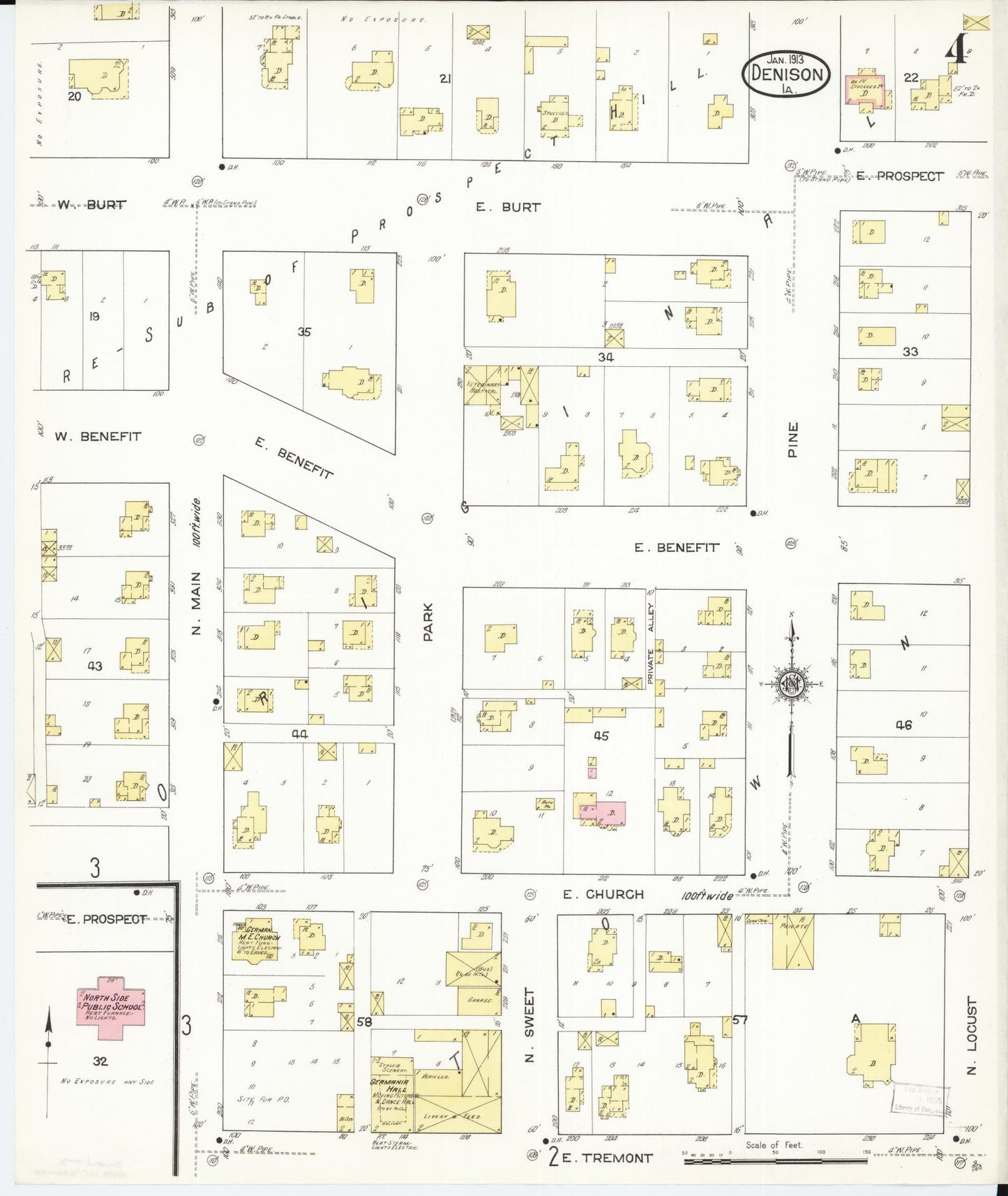 Sanborn Fire Insurance Map from Denison, Crawford County, Iowa (1913), Sheet #0004 - Historic Sanborn Fire Insurance Map Print, vintage old map wall art