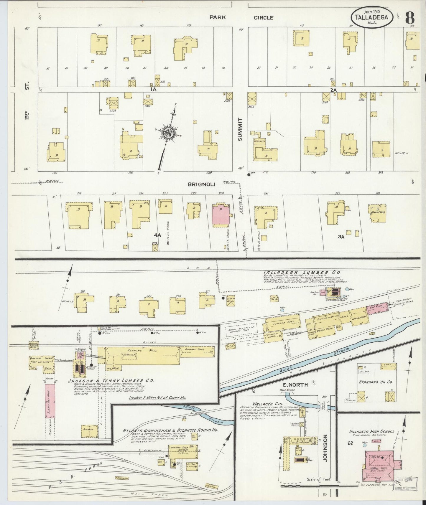 Sanborn Fire Insurance Map from Talladega, Talladega County, Alabama (1910), Sheet #0008 - Historic Sanborn Fire Insurance Map Print, vintage old map wall art, antique decor, genealogy gift, Alabama Alabama map