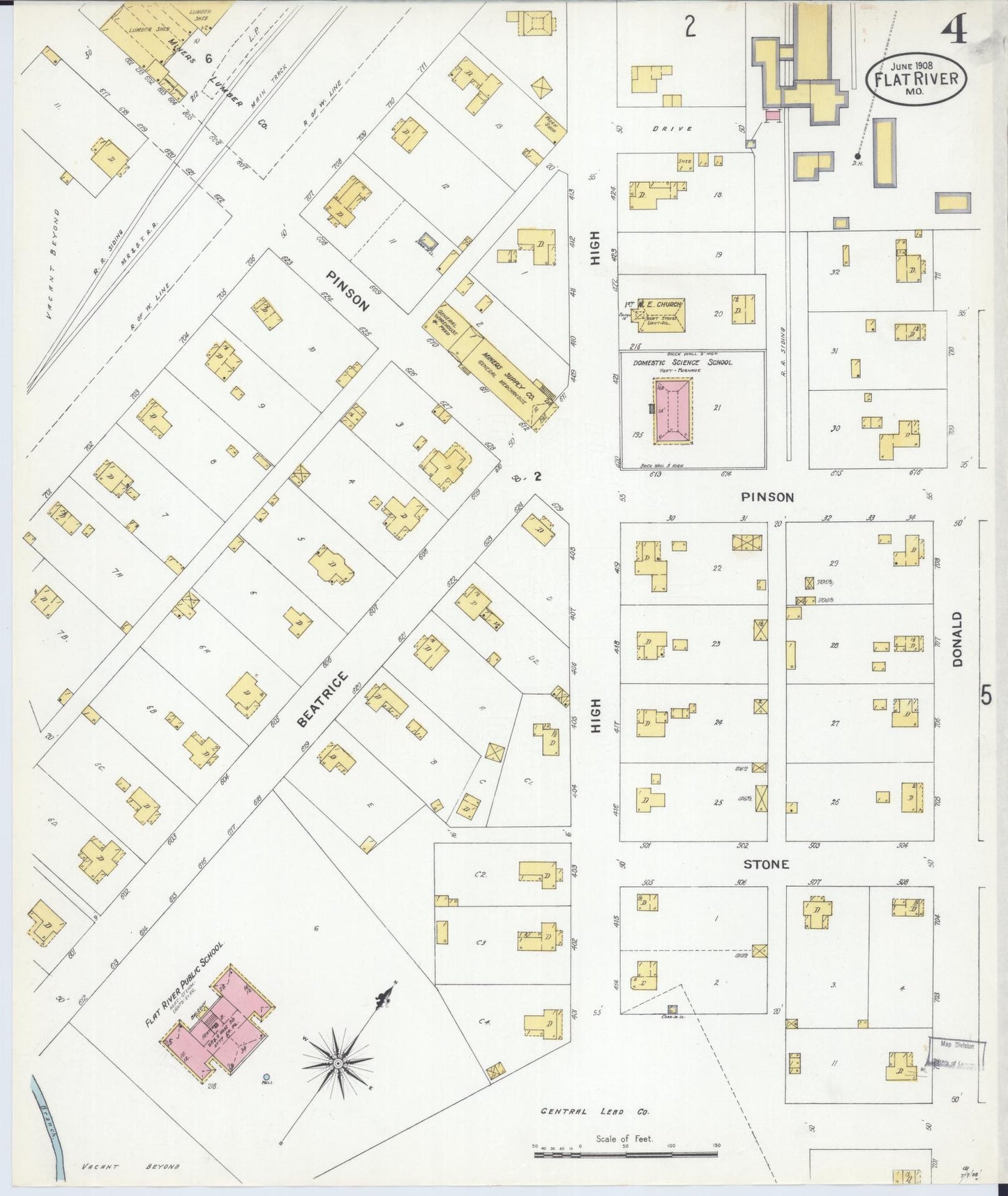 Sanborn Fire Insurance Map from Flat River, Saint Francois County, Missouri (1908), Sheet #0004 - Historic Sanborn Fire Insurance Map Print, vintage old map wall art, antique decor, genealogy gift, Missouri Missouri map
