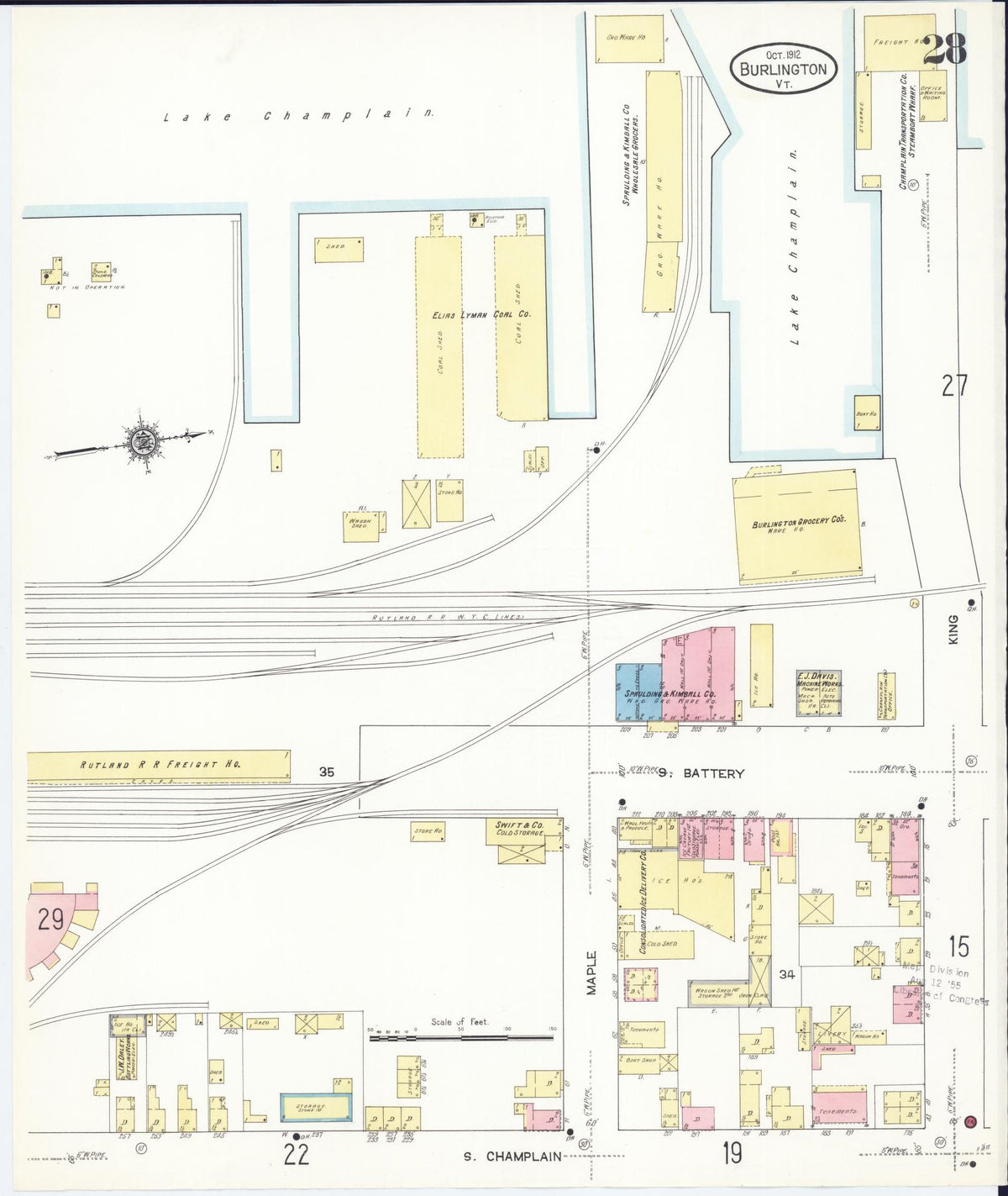 Sanborn Fire Insurance Map from Burlington, Chittenden County, Vermont (1912), Sheet #0028 - Historic Sanborn Fire Insurance Map Print, vintage old map wall art, antique decor, genealogy gift, Vermont Vermont map