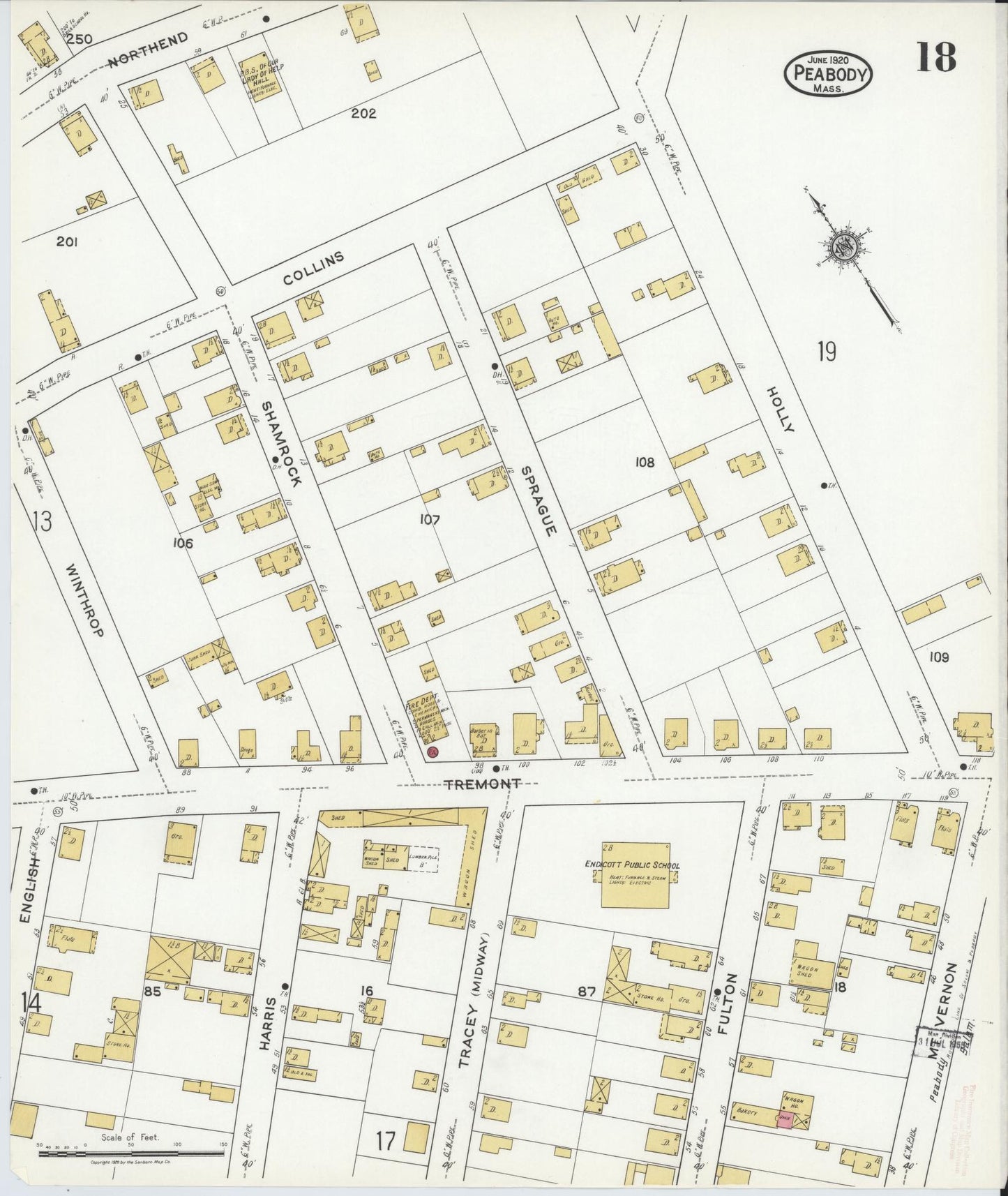 Sanborn Fire Insurance Map from Peabody, Essex County, Massachusetts (1920), Sheet #0018 - Historic Sanborn Fire Insurance Map Print, vintage old map wall art, antique decor, genealogy gift, Massachusetts Massachusetts map