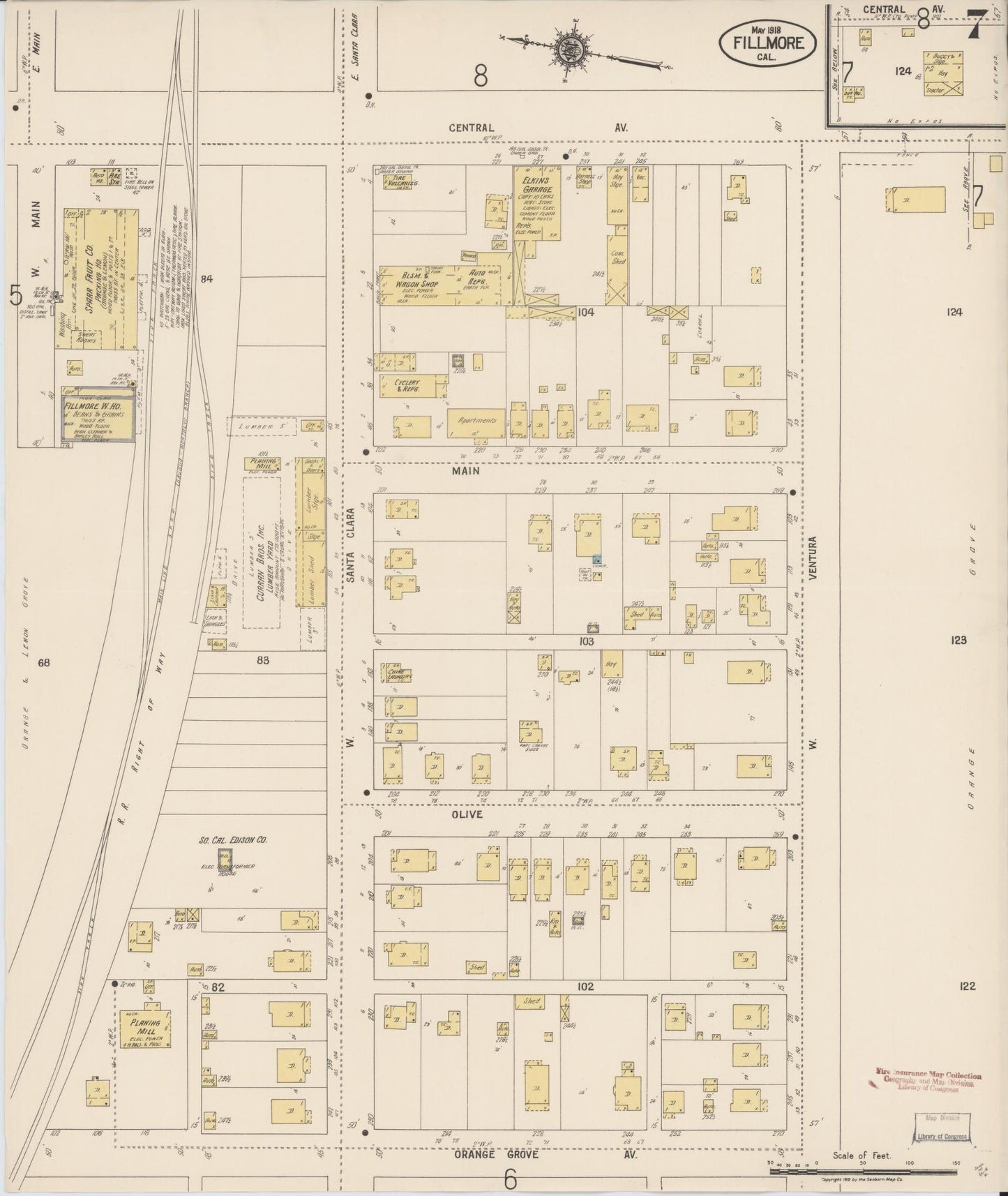 Sanborn Fire Insurance Map from Fillmore, Ventura County, California (1918), Sheet #0007 - Historic Sanborn Fire Insurance Map Print, vintage old map wall art, antique decor, genealogy gift, California California map