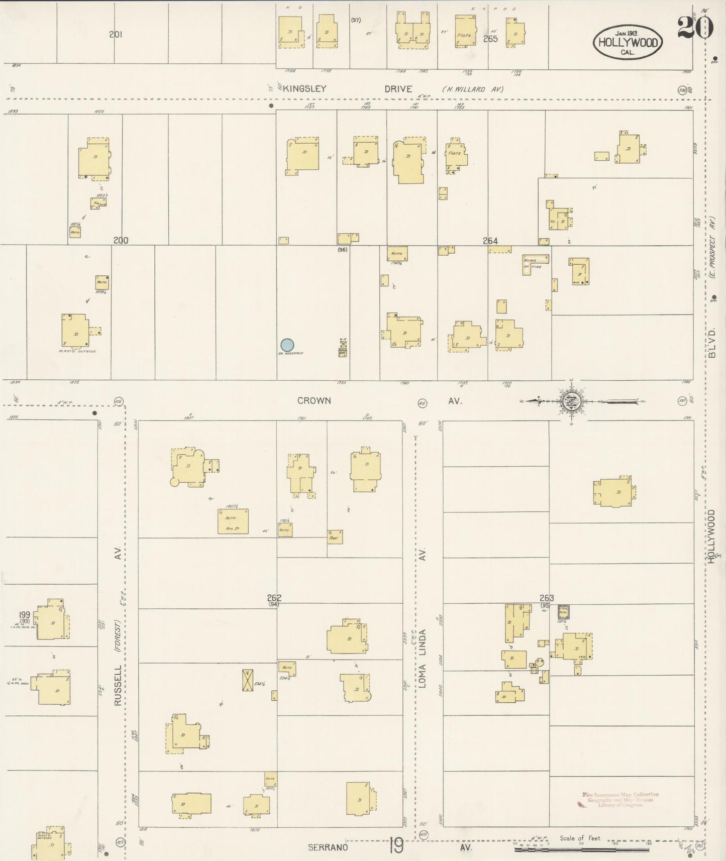 Sanborn Fire Insurance Map from Hollywood, Los Angeles County, California (1913), Sheet #0020 - Historic Sanborn Fire Insurance Map Print, vintage old map wall art, antique decor, genealogy gift, California California map