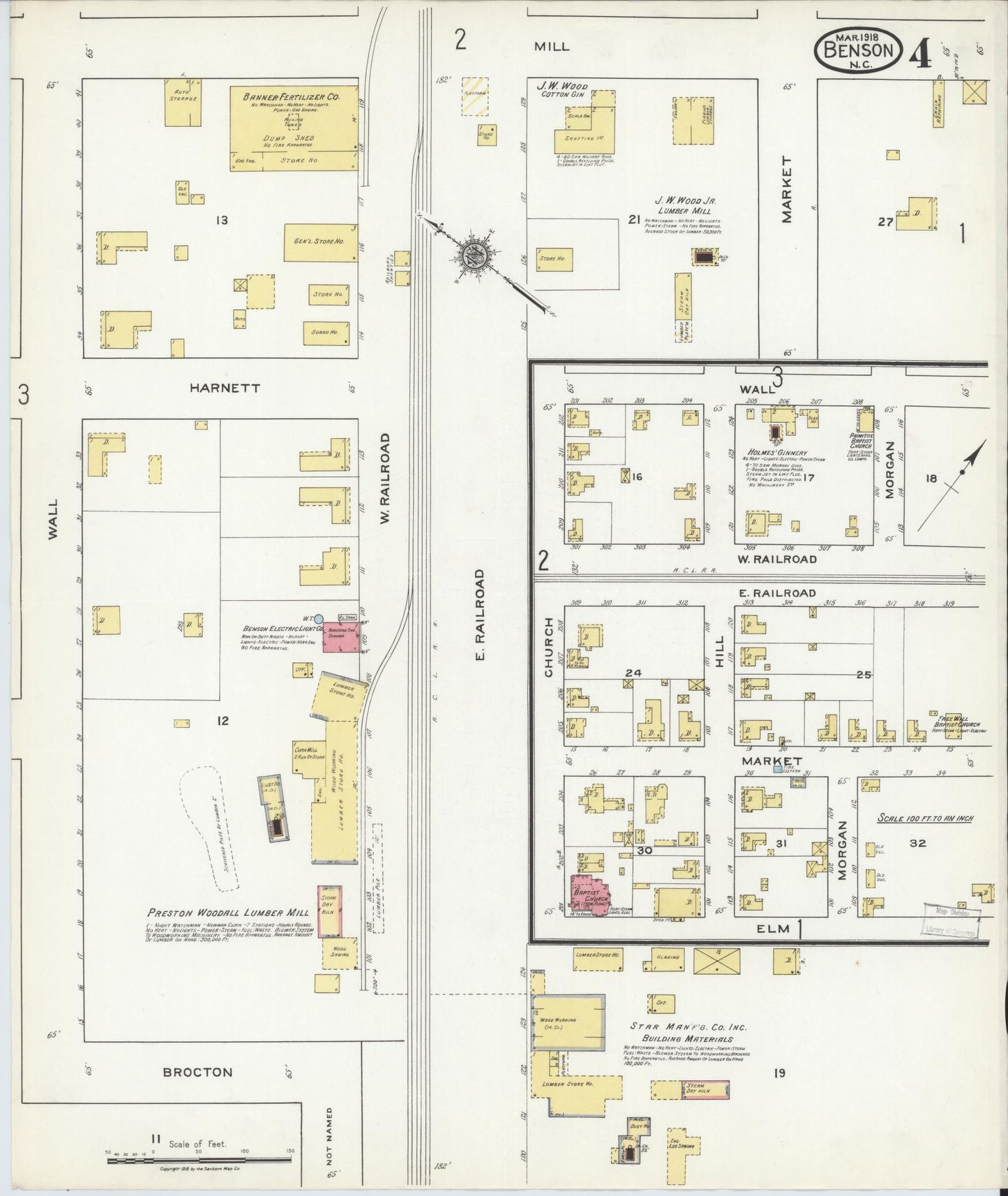 Sanborn Fire Insurance Map from Benson, Johnson County, North Carolina (1918), Sheet #0004 - Complete Map Set gallery image, historic Sanborn map, vintage wall art, North Carolina North Carolina