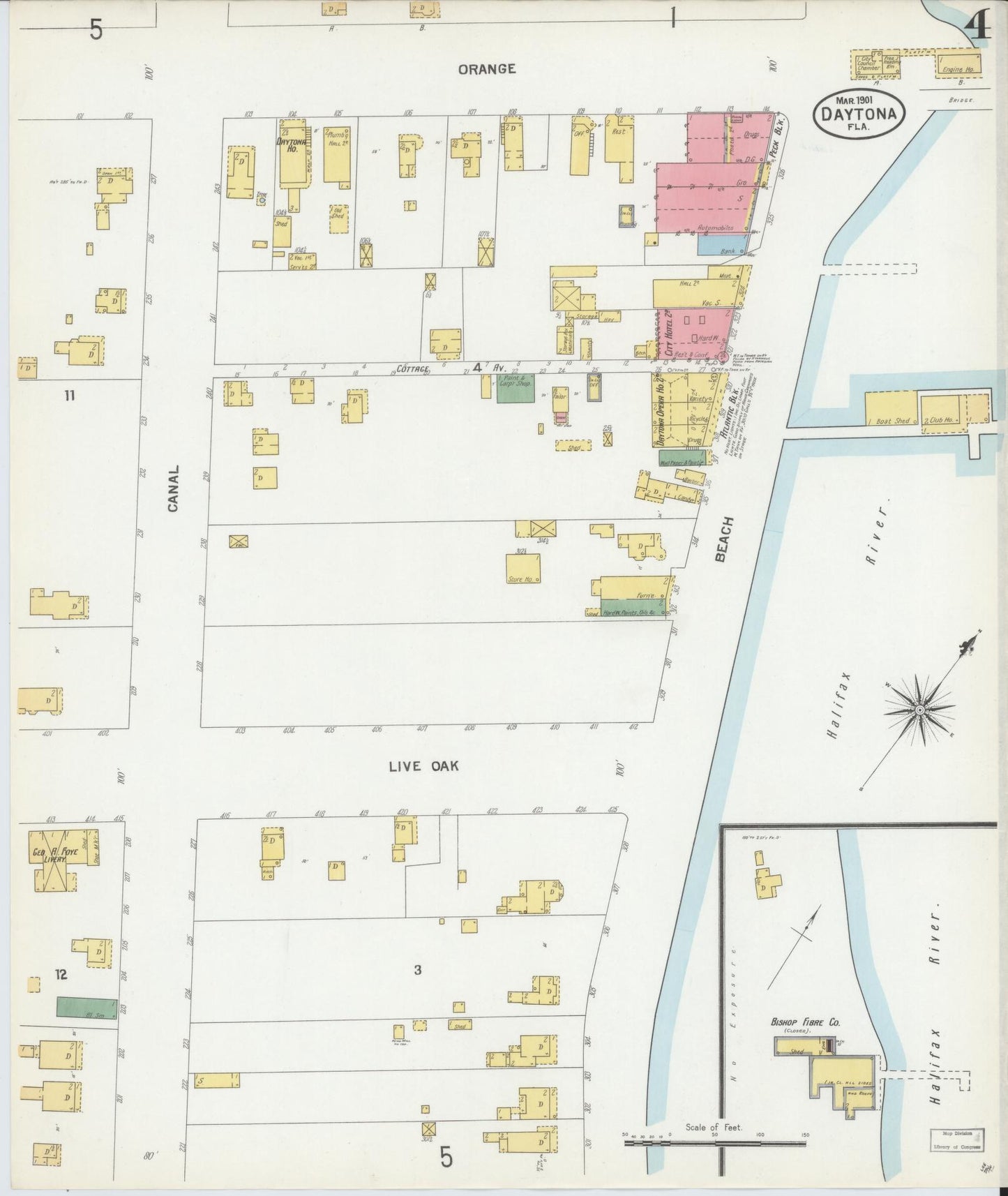 Sanborn Fire Insurance Map from Daytona, Volusia County, Florida (1901), Sheet #0004 - Historic Sanborn Fire Insurance Map Print, vintage old map wall art, antique decor, genealogy gift, Florida Florida map