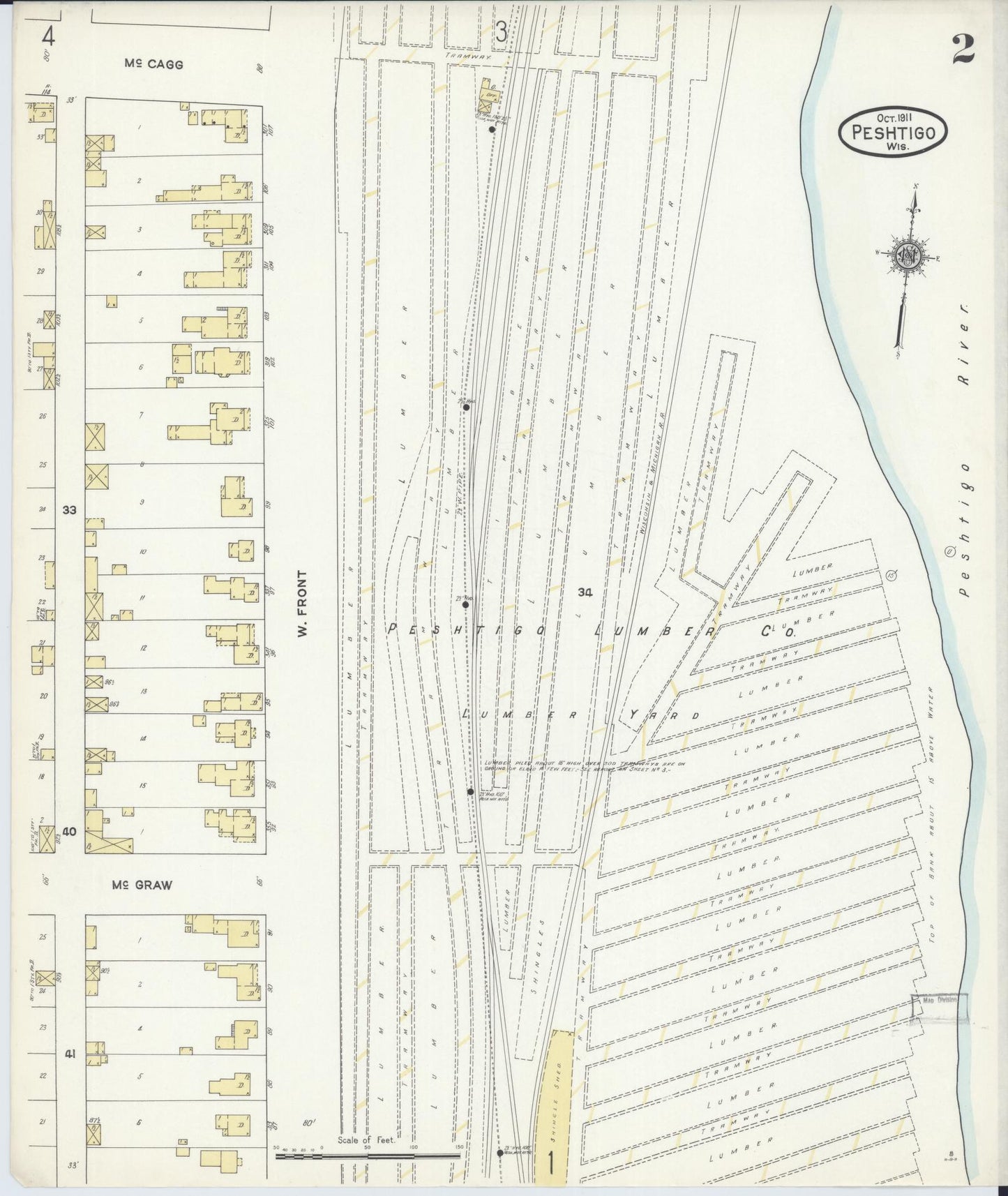 Sanborn Fire Insurance Map from Peshtigo, Marinette County, Wisconsin (1911), Sheet #0002 - Historic Sanborn Fire Insurance Map Print, vintage old map wall art, antique decor, genealogy gift, Wisconsin Wisconsin map