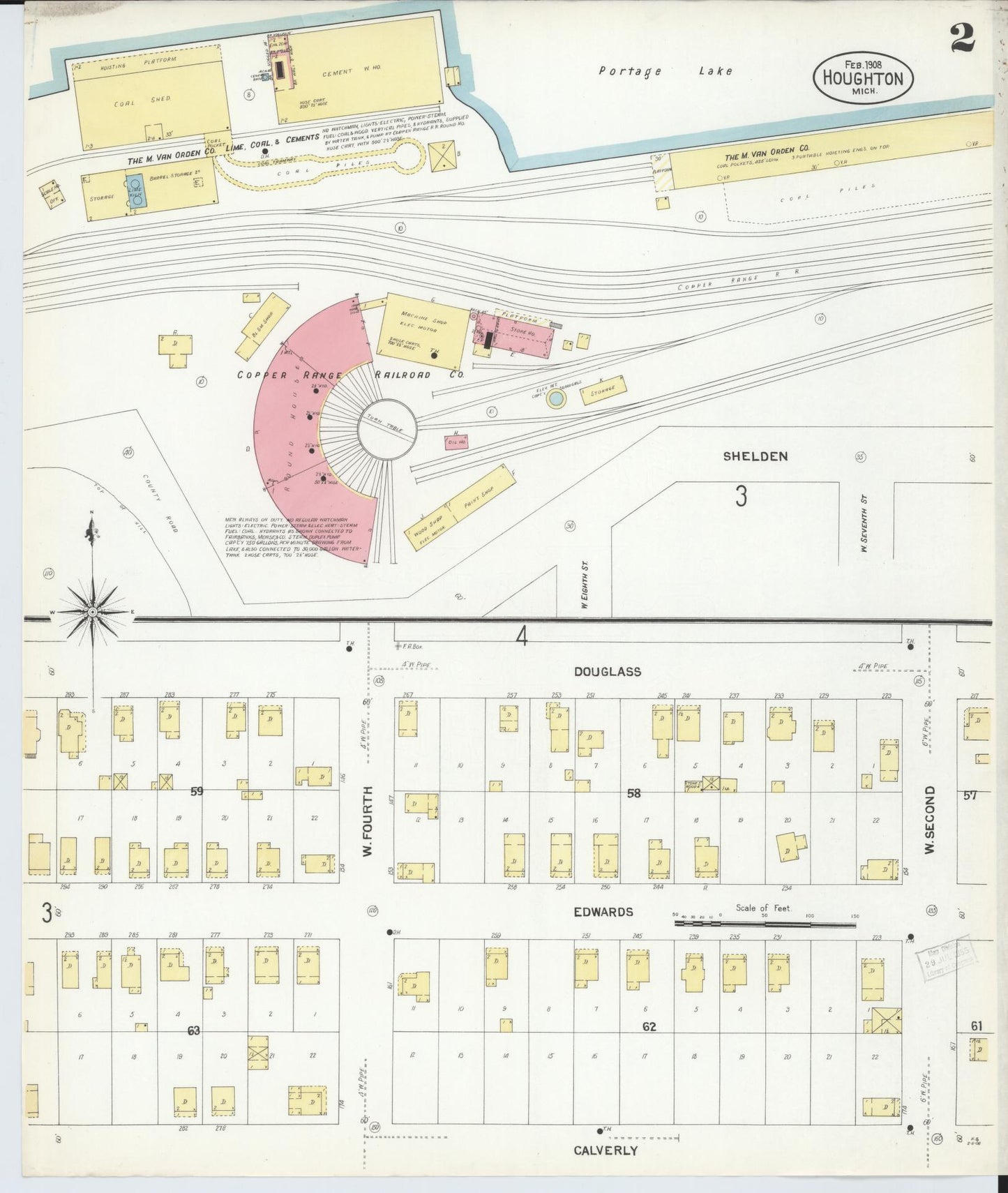 Sanborn Fire Insurance Map from Houghton, Houghton County, Michigan (1908), Sheet #0002 - Historic Sanborn Fire Insurance Map Print, vintage old map wall art, antique decor, genealogy gift, Michigan Michigan map