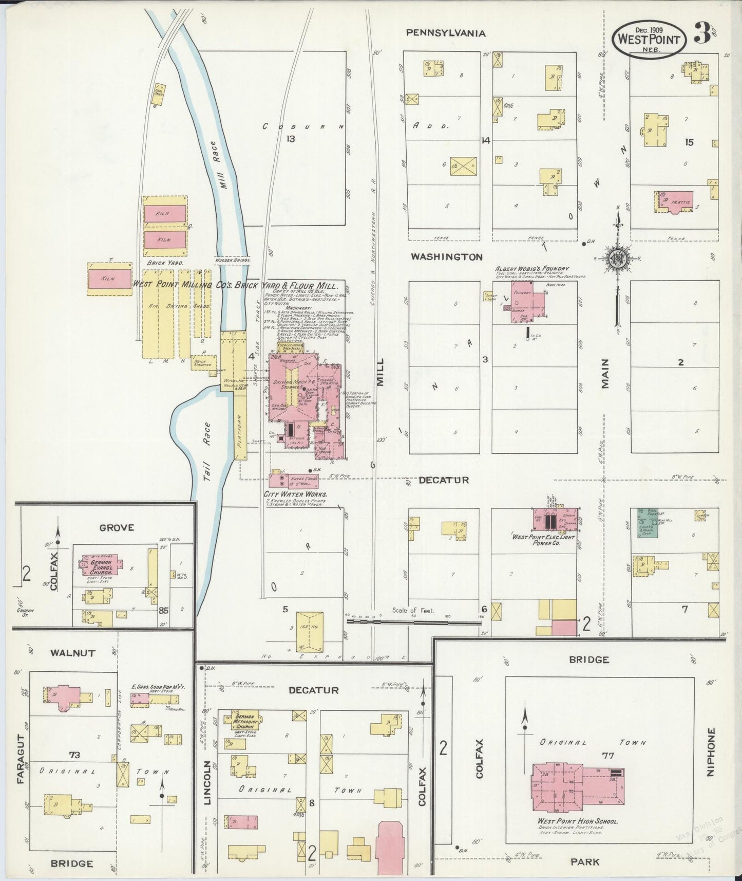 Sanborn Fire Insurance Map from West Point, Cuming County, Nebraska (1909), Sheet #0003 - Historic Sanborn Fire Insurance Map Print, vintage old map wall art, antique decor, genealogy gift, Nebraska Nebraska map