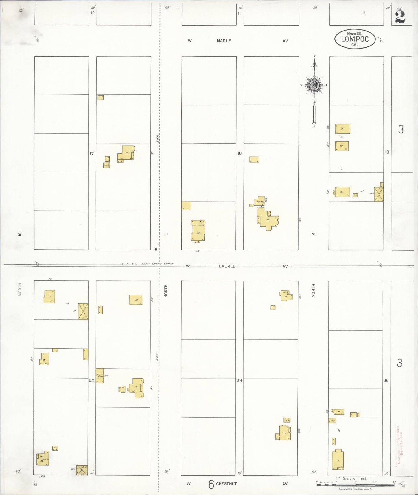 Sanborn Fire Insurance Map from Lompoc, Santa Barbara County, California (1921), Sheet #0002 - Historic Sanborn Fire Insurance Map Print, vintage old map wall art, antique decor, genealogy gift, California California map