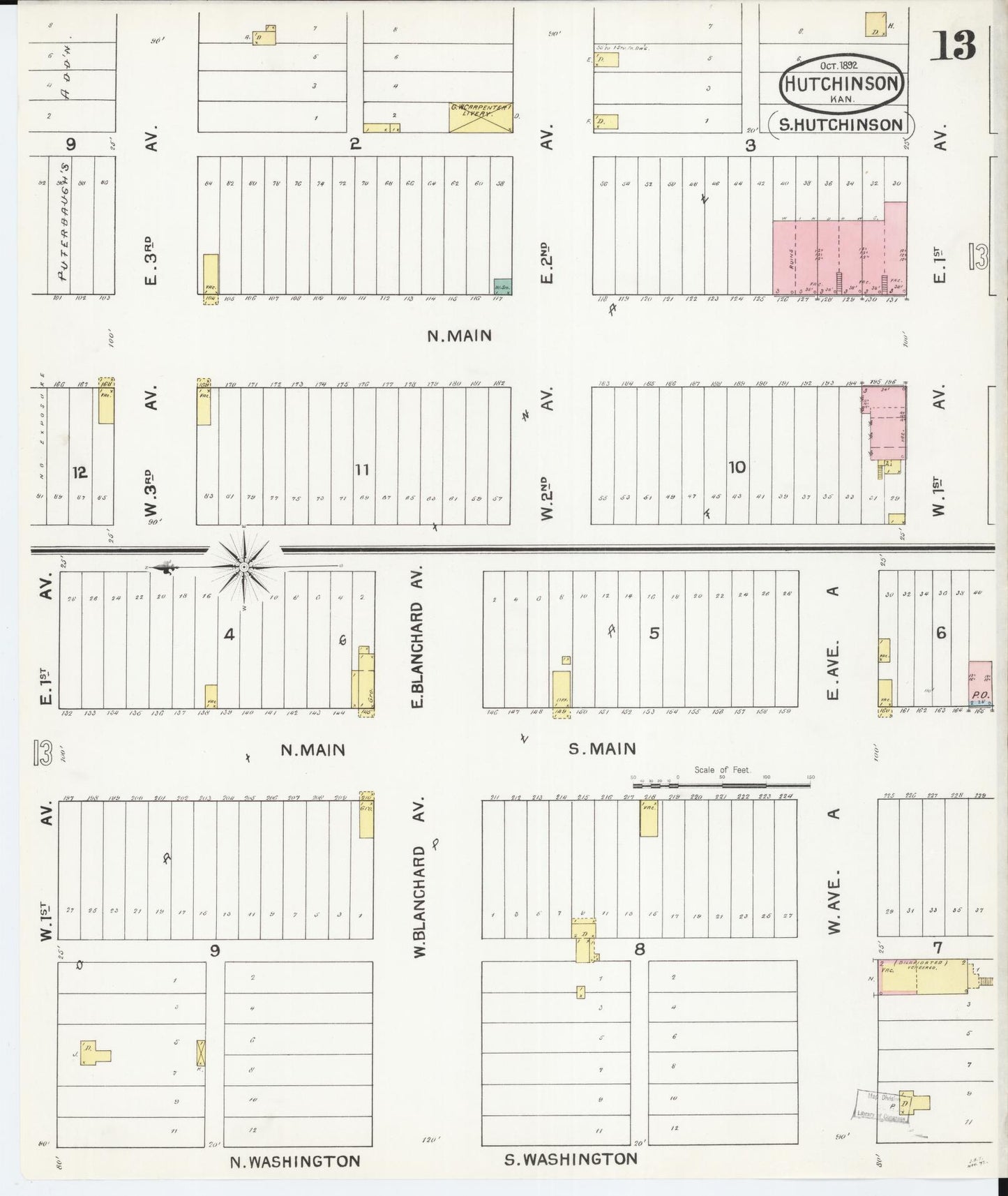 Sanborn Fire Insurance Map from Hutchinson, Reno County, Kansas (1892), Sheet #0013 - Historic Sanborn Fire Insurance Map Print, vintage old map wall art, antique decor, genealogy gift, Kansas Kansas map