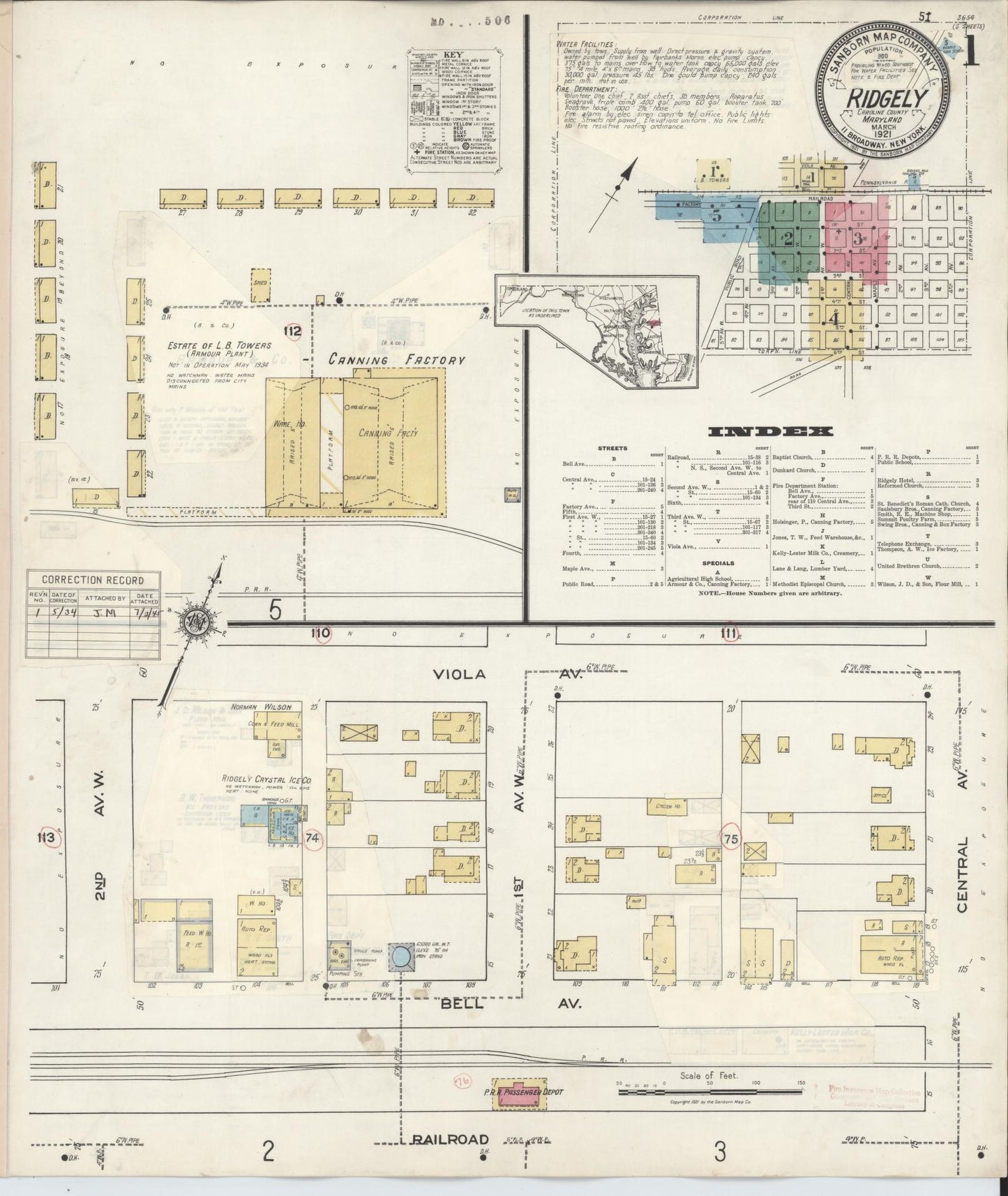 Sanborn Fire Insurance Map from Ridgely, Caroline County, Maryland (1934), Sheet #0001 - Historic Sanborn Fire Insurance Map Print, vintage old map wall art, antique decor, genealogy gift, Maryland Maryland map