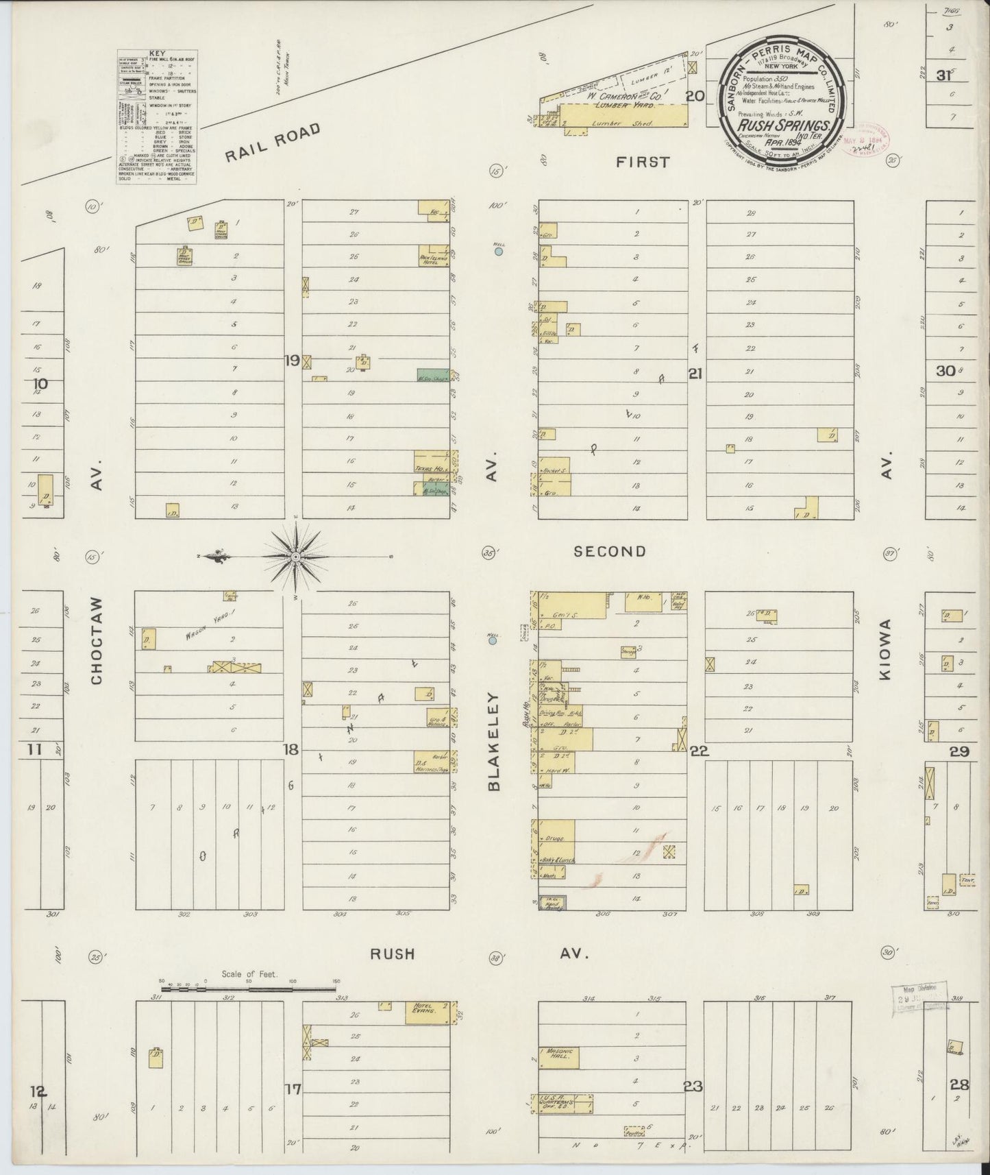 Sanborn Fire Insurance Map from Rush Springs, Grady County, Oklahoma (1894), Sheet #0001 - Historic Sanborn Fire Insurance Map Print, vintage old map wall art, antique decor, genealogy gift, Oklahoma Oklahoma map