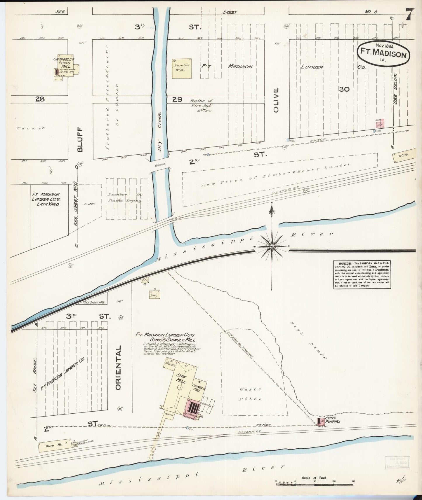 Sanborn Fire Insurance Map from Fort Madison, Lee County, Iowa (1884), Sheet #0007 - Historic Sanborn Fire Insurance Map Print, vintage old map wall art
