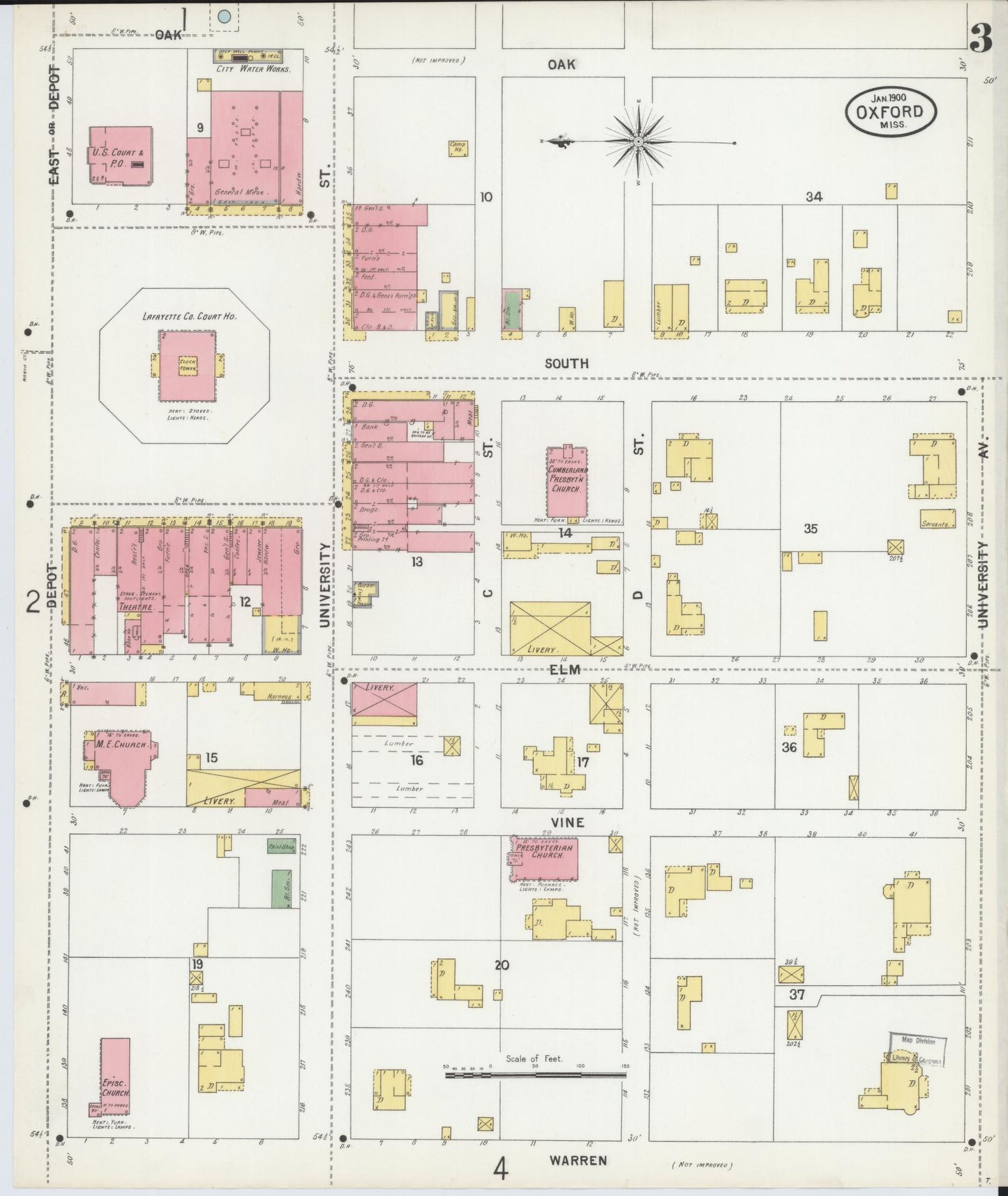 Sanborn Fire Insurance Map from Oxford, Lafayette County, Mississippi (1900), Sheet #0003 - Historic Sanborn Fire Insurance Map Print, vintage old map wall art, antique decor, genealogy gift, Mississippi Mississippi map