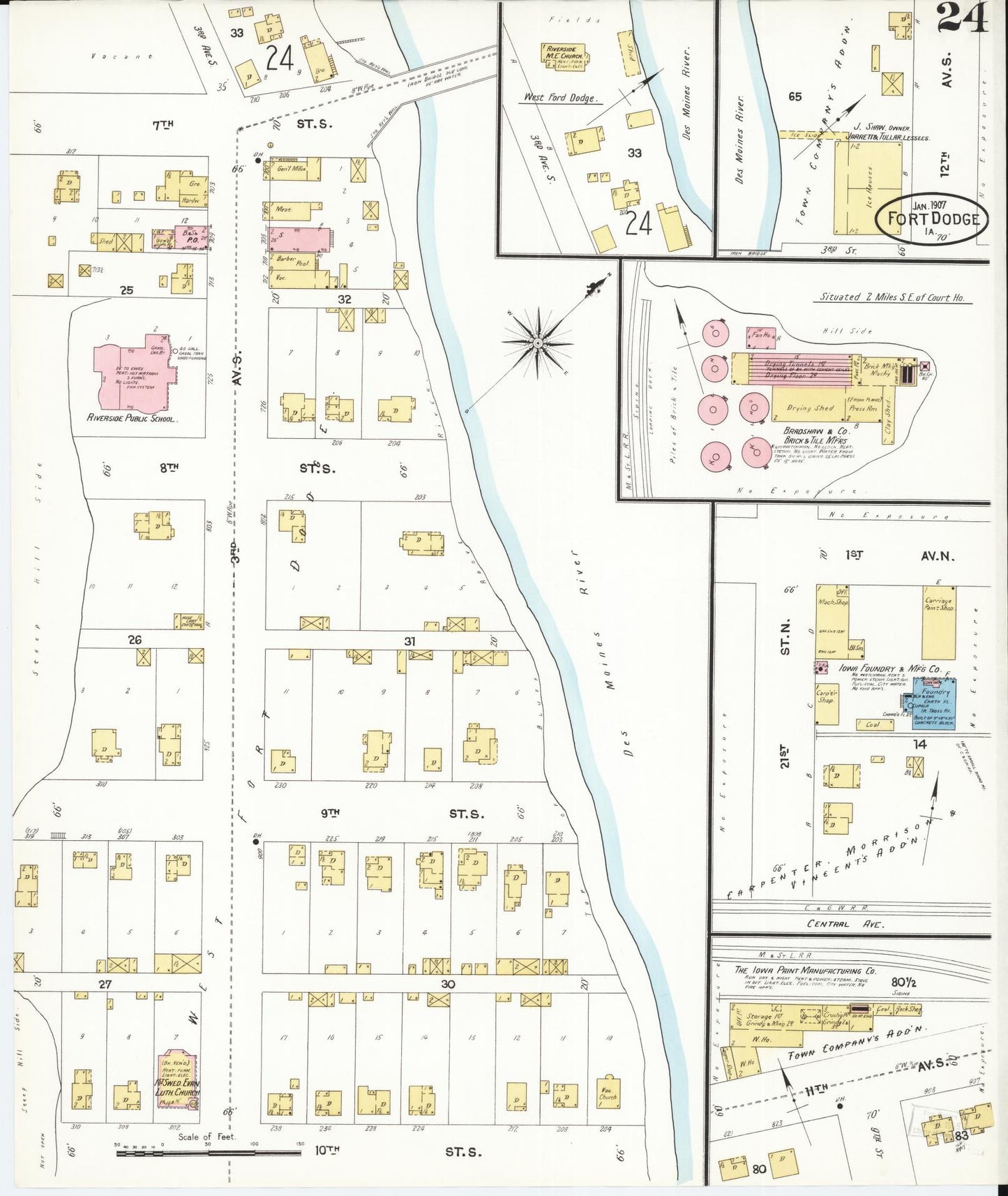 Sanborn Fire Insurance Map from Fort Dodge, Webster County, Iowa (1907), Sheet #0024 - Historic Sanborn Fire Insurance Map Print, vintage old map wall art