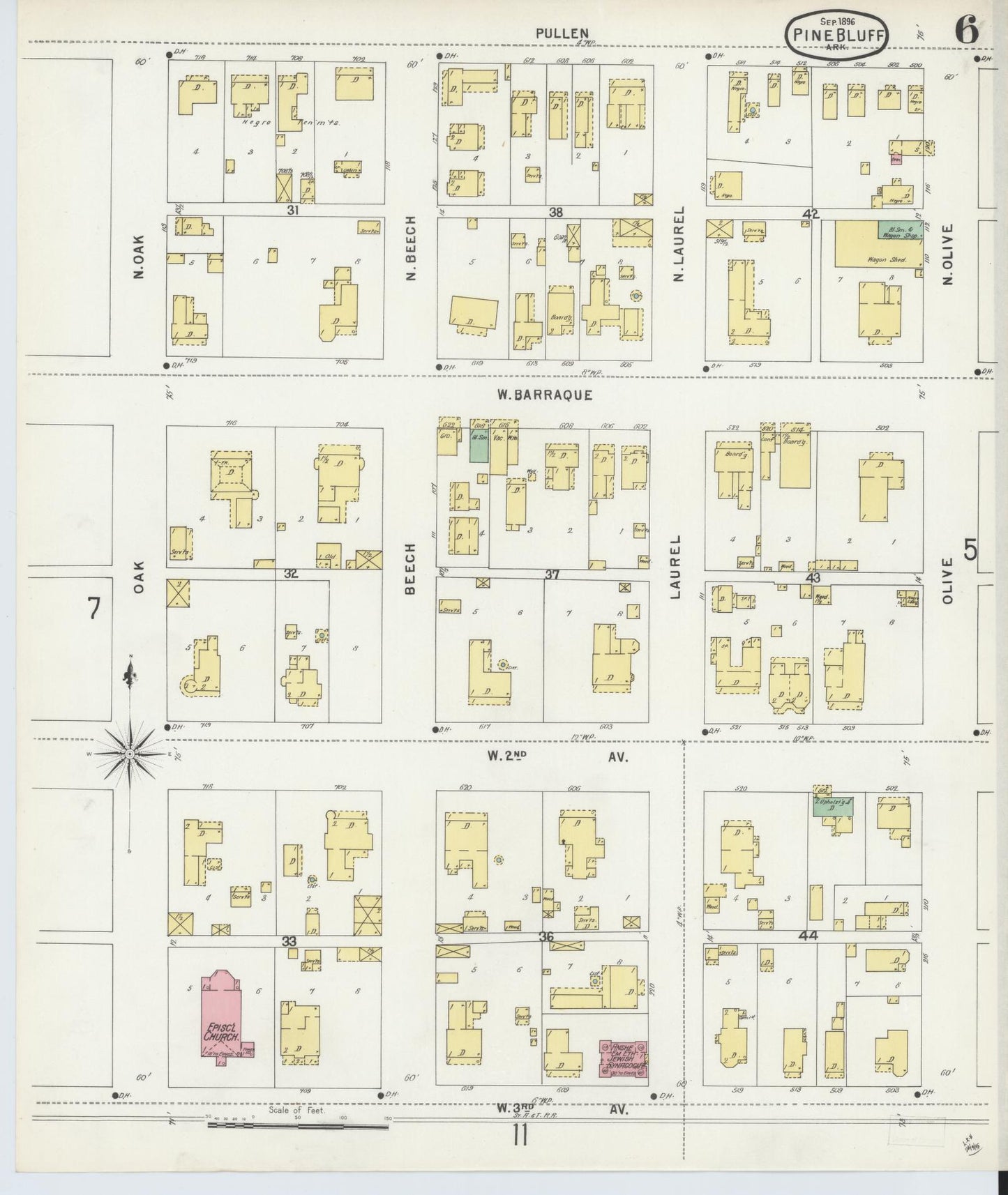 Sanborn Fire Insurance Map from Pine Bluff, Jefferson County, Arkansas (1896), Sheet #0006 - Historic Sanborn Fire Insurance Map Print, vintage old map wall art, antique decor, genealogy gift, Arkansas Arkansas map