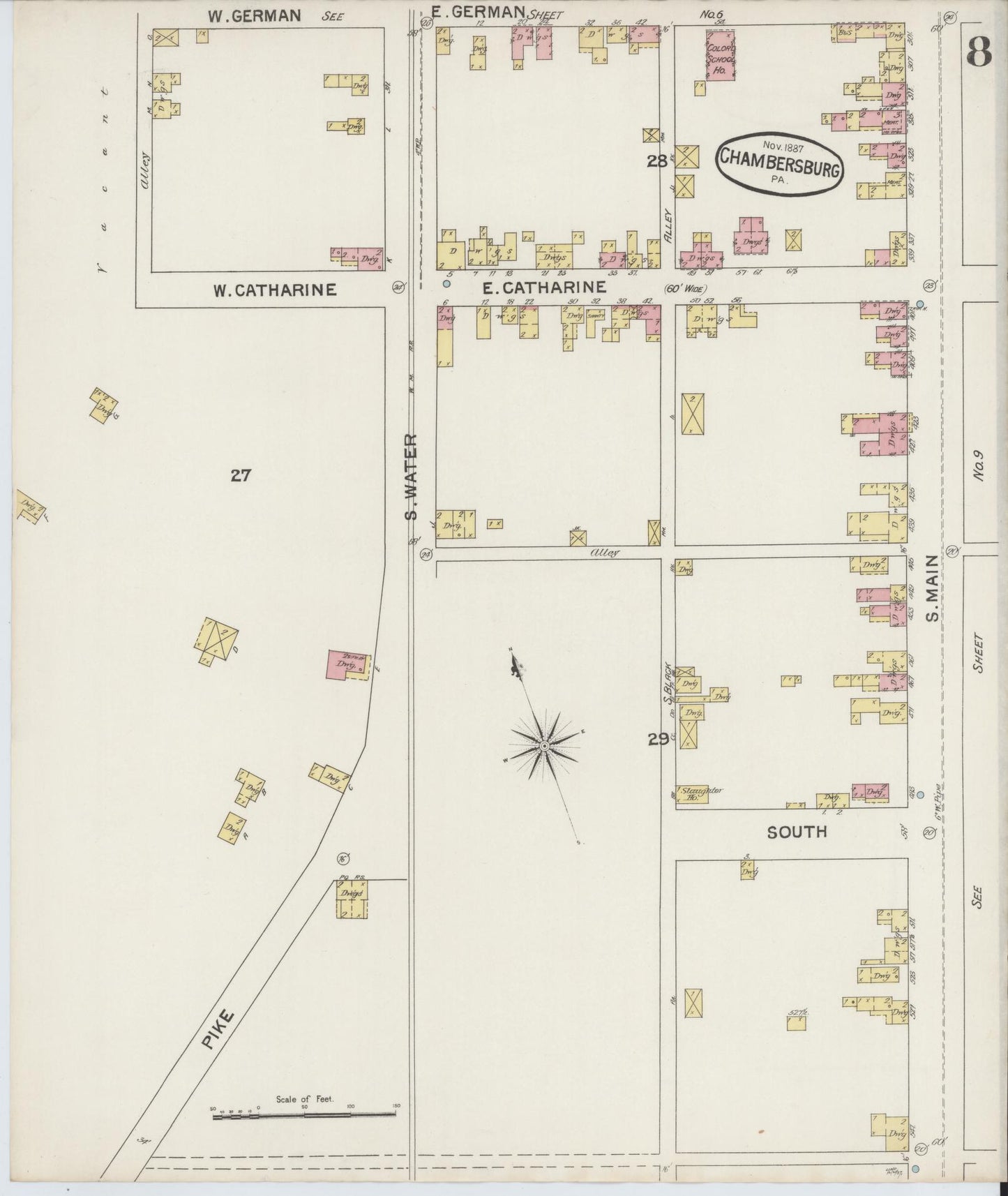 Sanborn Fire Insurance Map from Chambersburg, Franklin County, Pennsylvania (1887), Sheet #0008 - Historic Sanborn Fire Insurance Map Print, vintage old map wall art, antique decor, genealogy gift, Pennsylvania Pennsylvania map