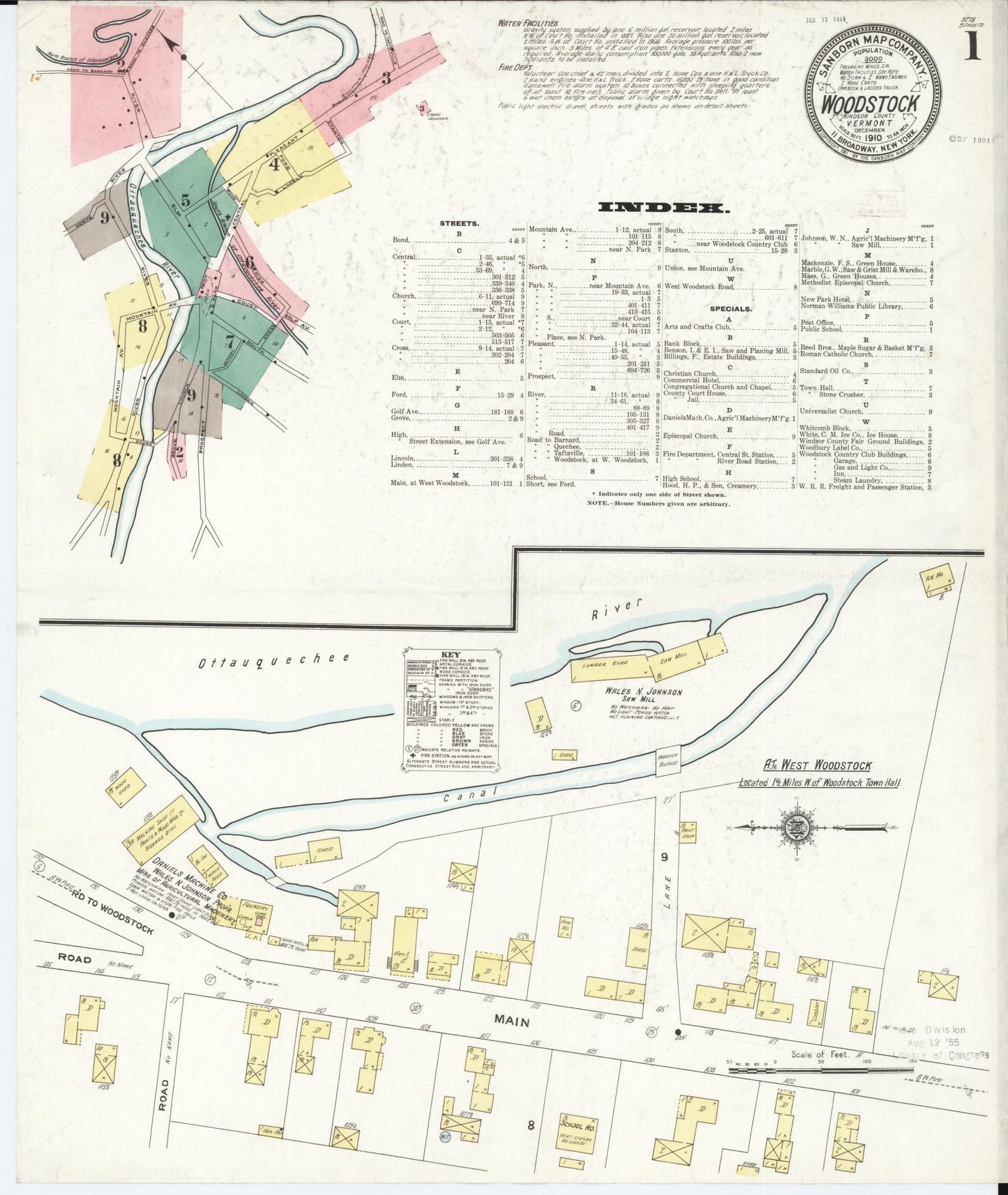 Sanborn Fire Insurance Map from Woodstock, Windsor County, Vermont (1910), Sheet #0001 - Historic Sanborn Fire Insurance Map Print, vintage old map wall art, antique decor, genealogy gift, Vermont Vermont map