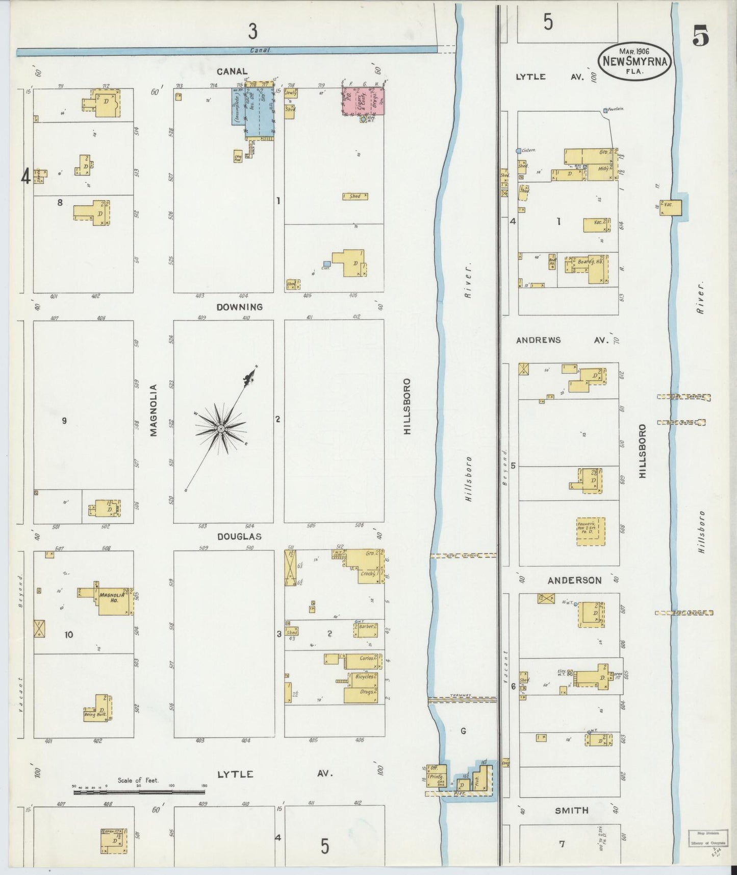 Sanborn Fire Insurance Map from New Smyrna, Valusia County, Florida (1906), Sheet #0005 - Complete Map Set gallery image, historic Sanborn map, vintage wall art, Florida Florida
