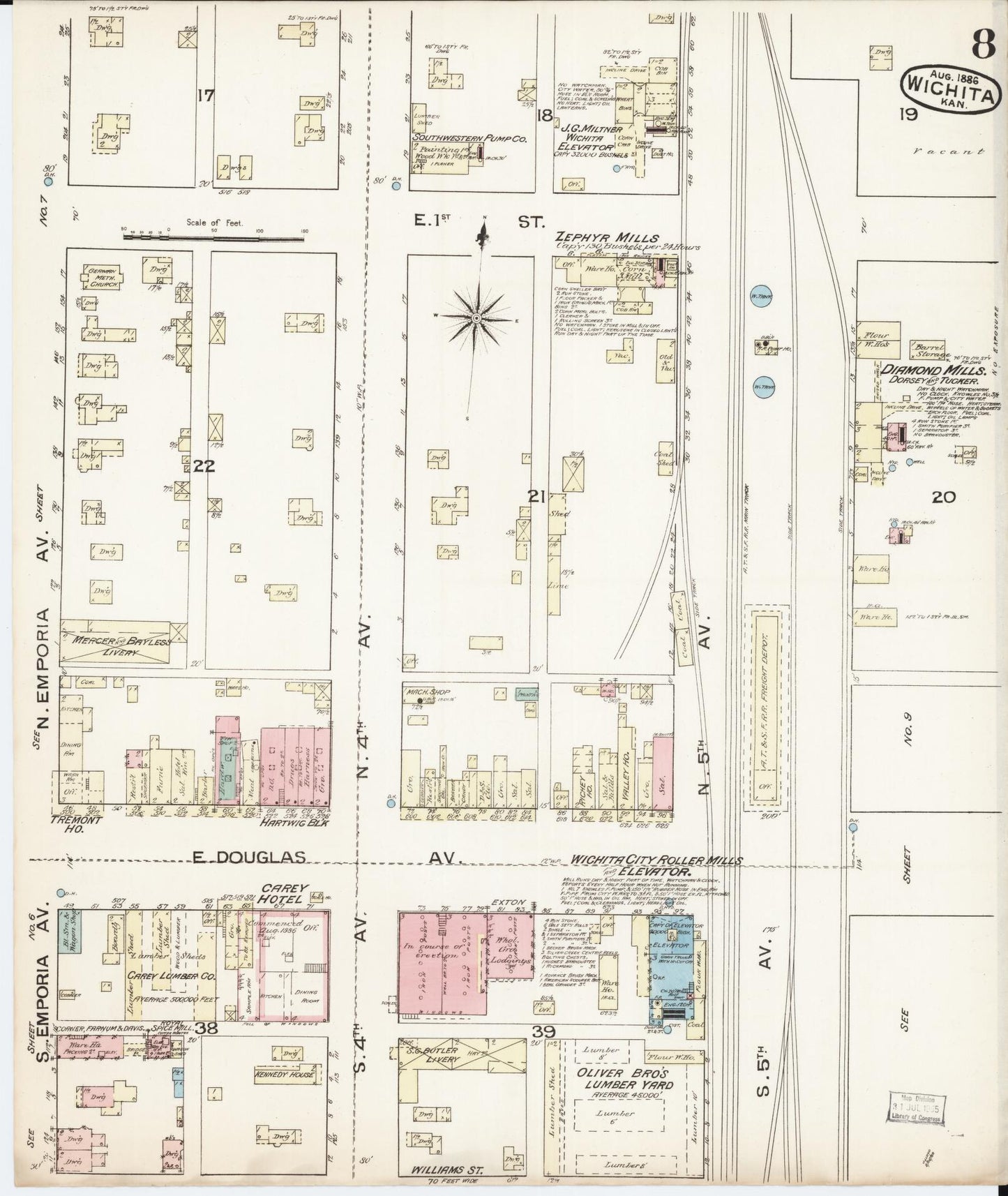 Sanborn Fire Insurance Map from Wichita, Sedgwick County, Kansas (1886), Sheet #0008 - Historic Sanborn Fire Insurance Map Print, vintage old map wall art, antique decor, genealogy gift, Kansas Kansas map