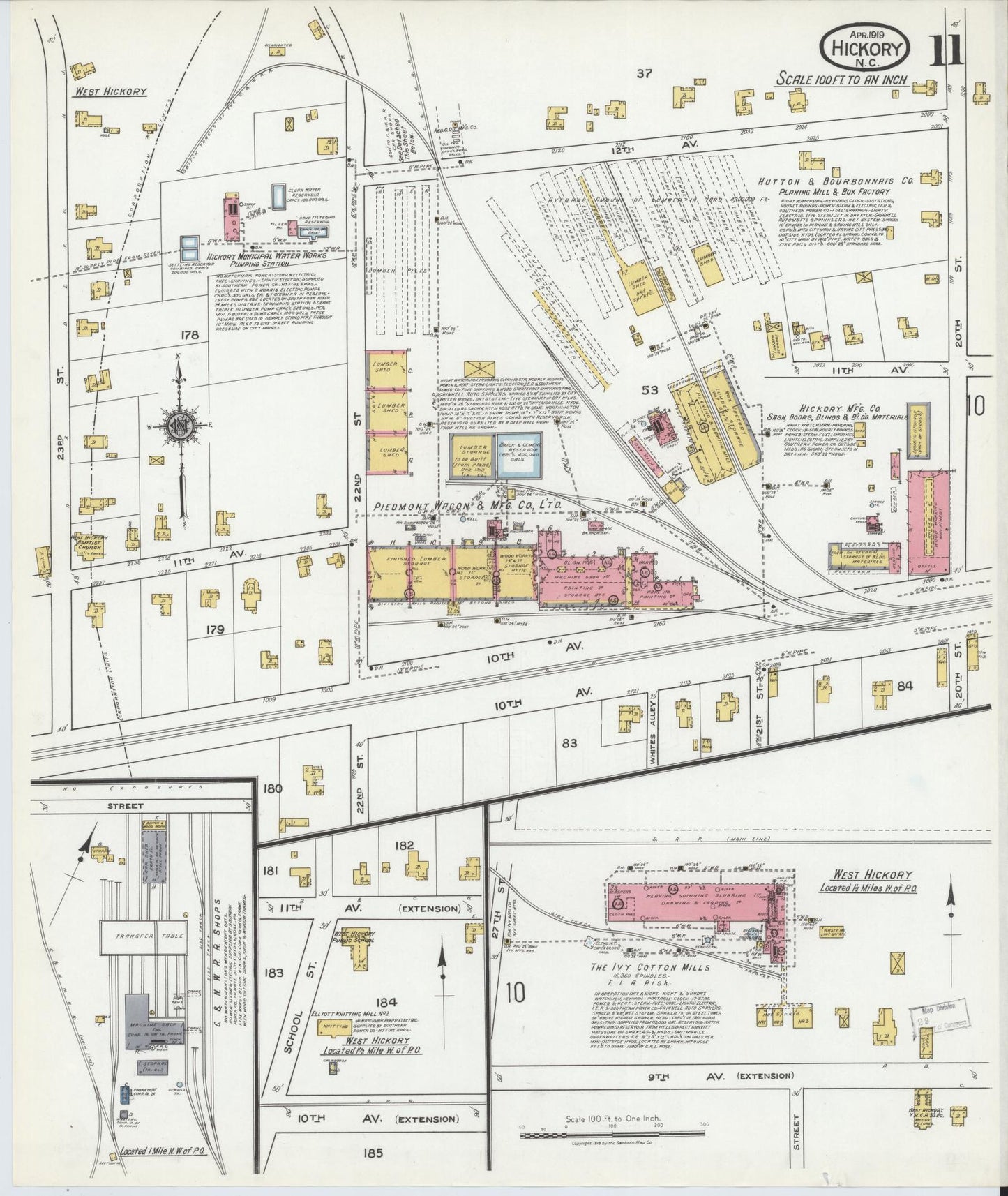 Sanborn Fire Insurance Map from Hickory, Catawba County, North Carolina (1919), Sheet #0011 - Historic Sanborn Fire Insurance Map Print, vintage old map wall art, antique decor, genealogy gift, North Carolina North Carolina map