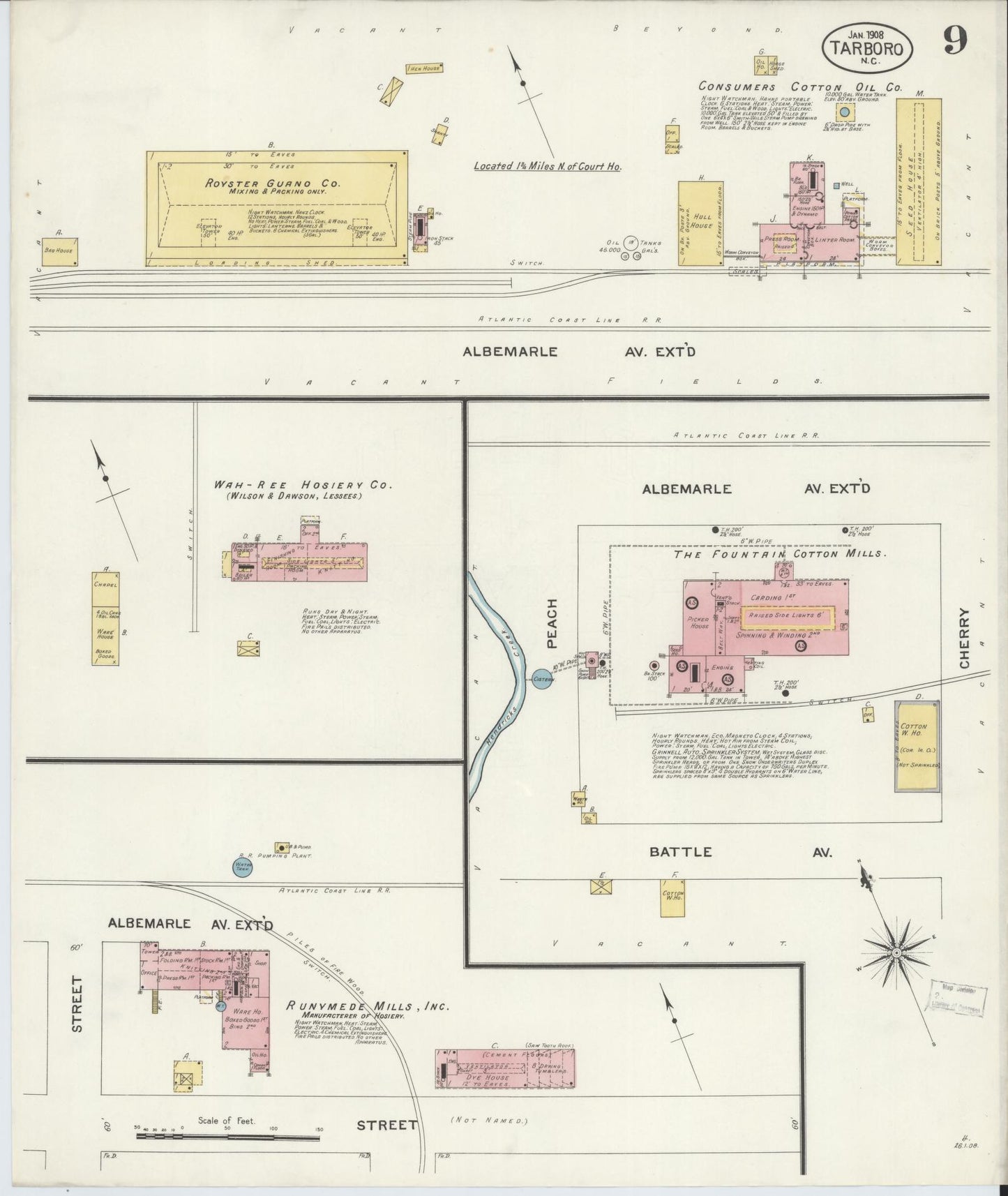 Sanborn Fire Insurance Map from Tarboro, Edgecombe County, North Carolina (1908), Sheet #0009 - Historic Sanborn Fire Insurance Map Print, vintage old map wall art, antique decor, genealogy gift, North Carolina North Carolina map