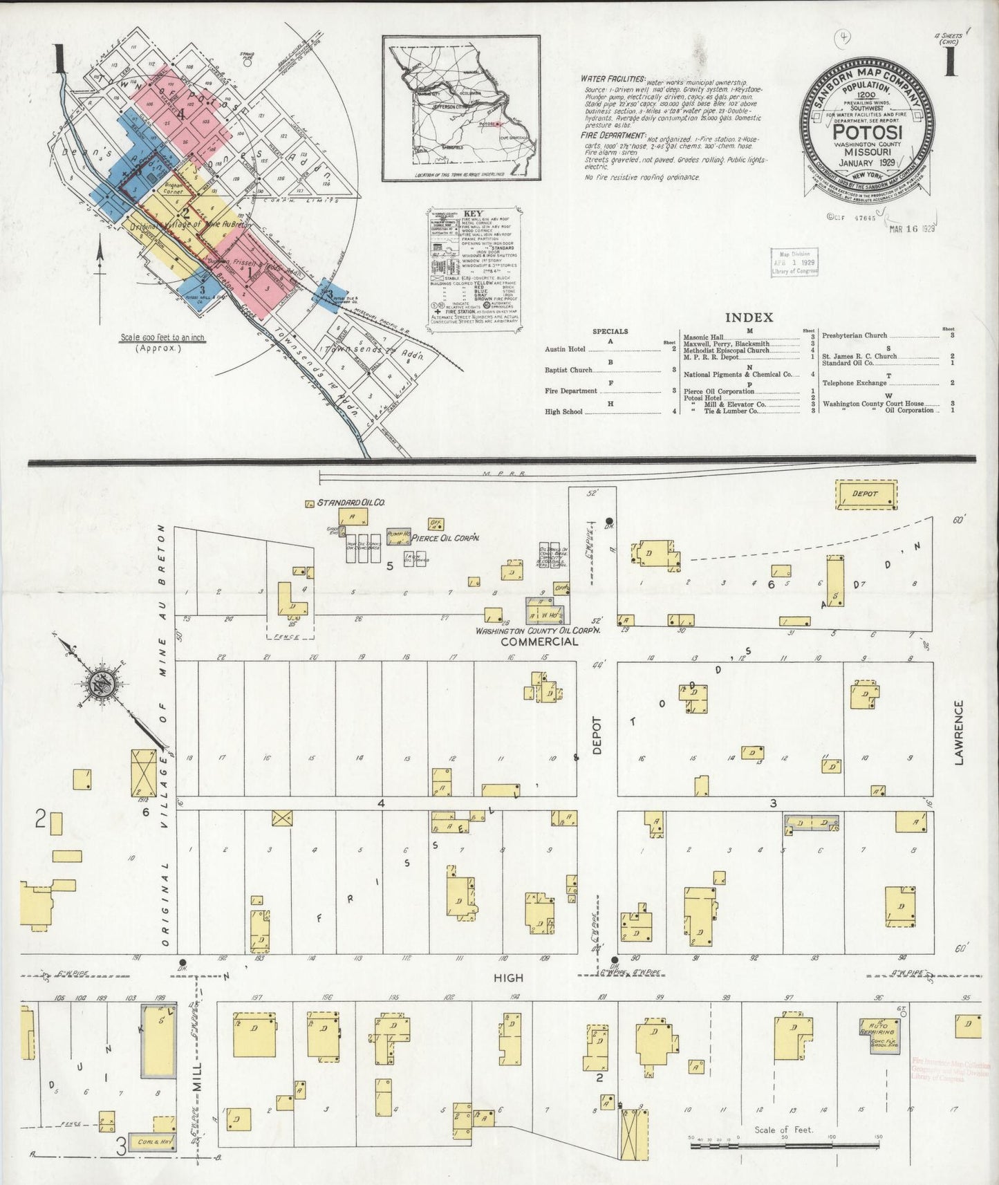 Sanborn Fire Insurance Map from Potosi, Washington County, Missouri (1929), Sheet #0001 - Historic Sanborn Fire Insurance Map Print, vintage old map wall art, antique decor, genealogy gift, Missouri Missouri map