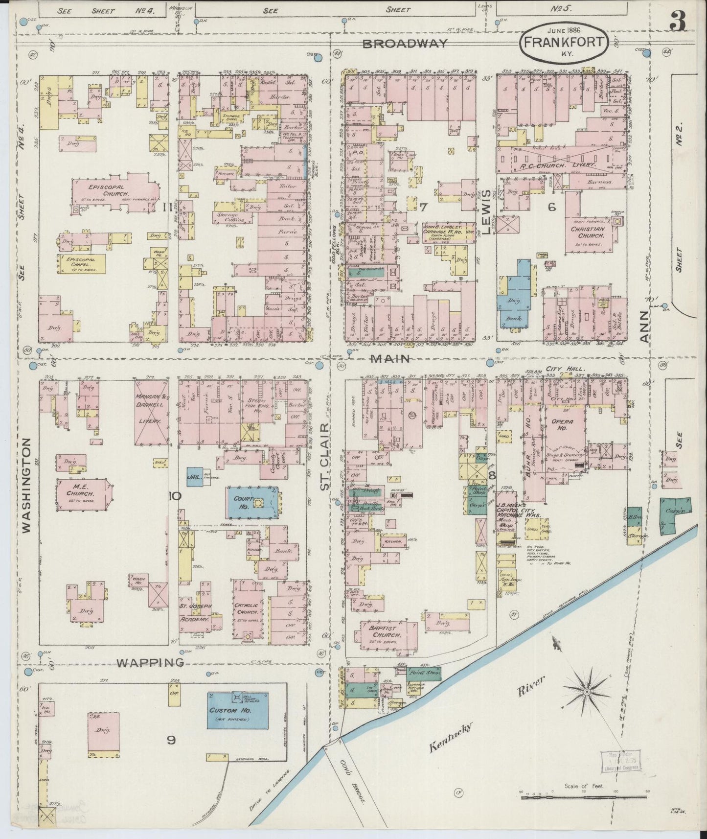 Sanborn Fire Insurance Map from Frankfort, Franklin County, Kentucky (1886), Sheet #0003 - Historic Sanborn Fire Insurance Map Print, vintage old map wall art, antique decor, genealogy gift, Kentucky Kentucky map