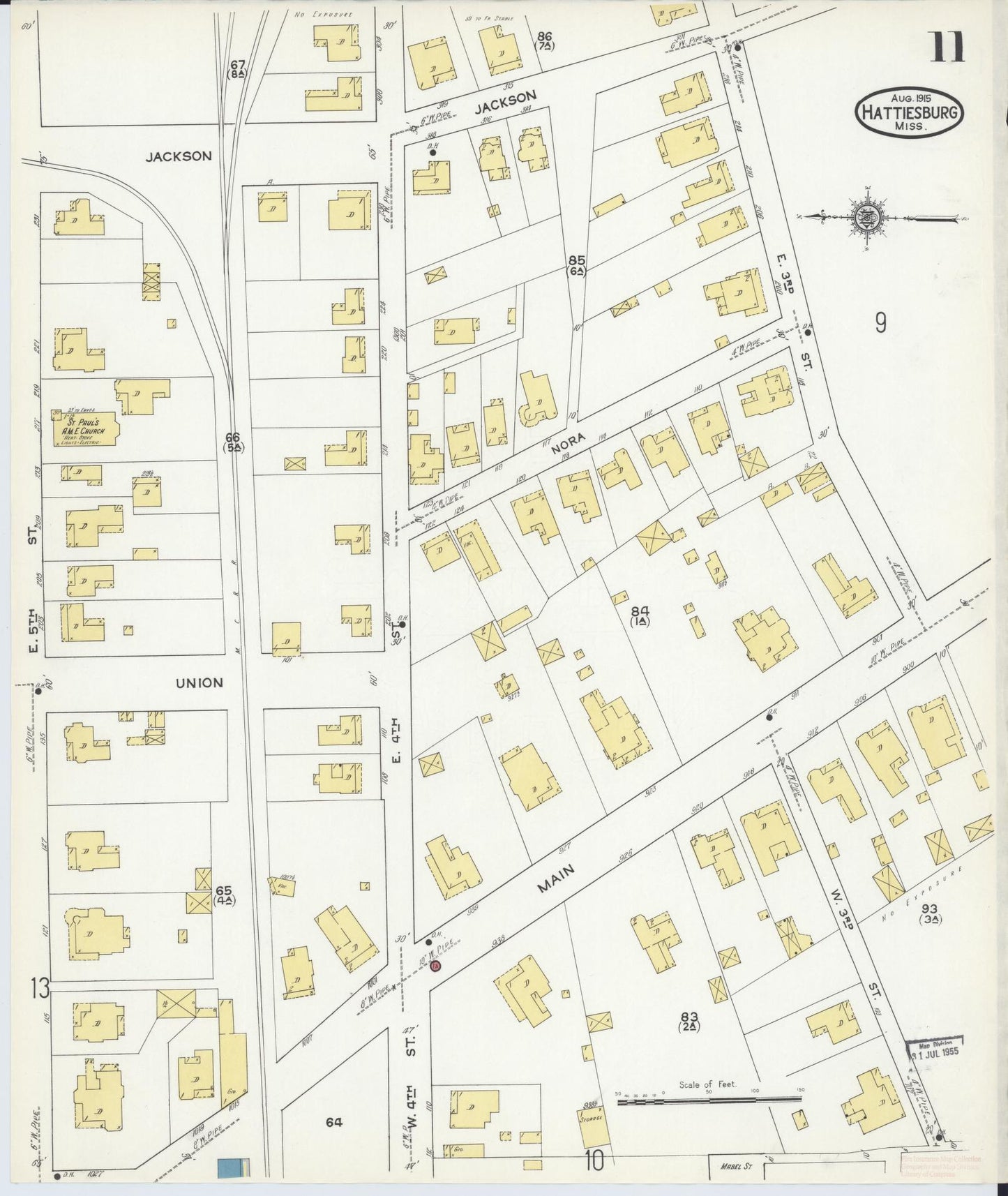 Sanborn Fire Insurance Map from Hattiesburg, Forrest County, Mississippi (1915), Sheet #0011 - Historic Sanborn Fire Insurance Map Print, vintage old map wall art, antique decor, genealogy gift, Mississippi Mississippi map