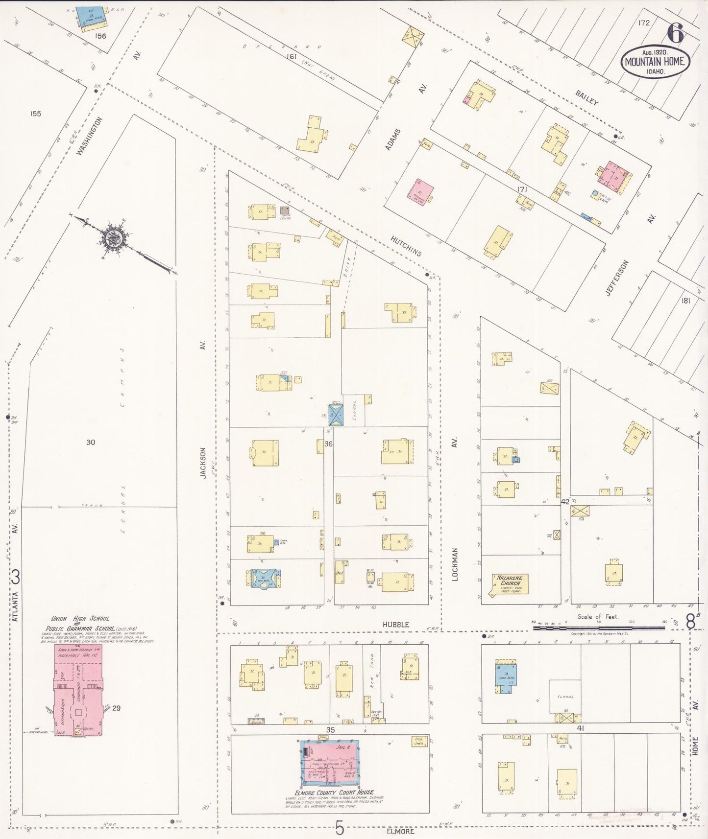 Sanborn Fire Insurance Map from Mountain Home, Elmore County, Idaho (1920), Sheet #0006 - Historic Sanborn Fire Insurance Map Print, vintage old map wall art, antique decor, genealogy gift, Idaho Idaho map