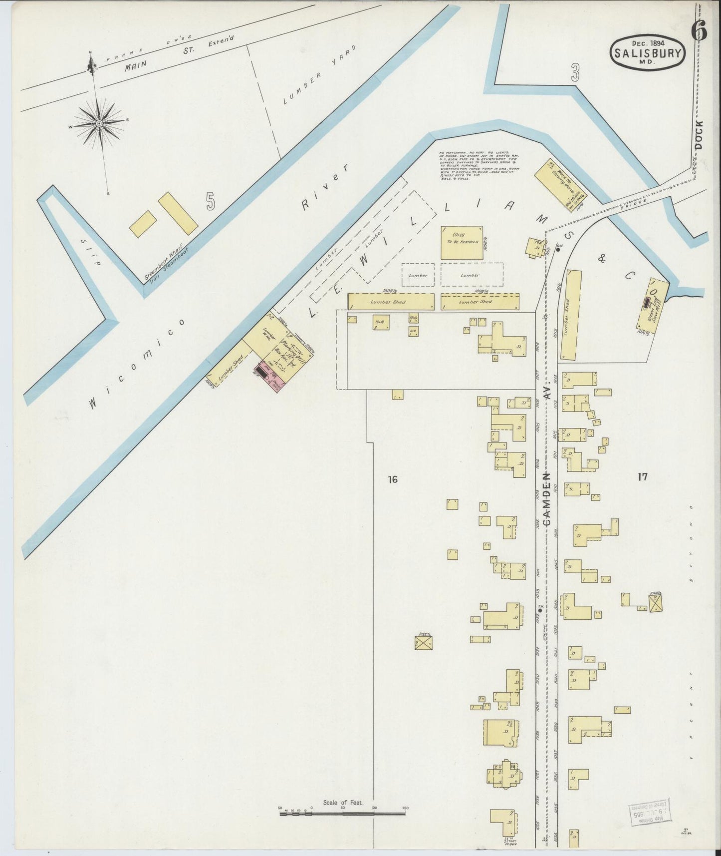 Sanborn Fire Insurance Map from Salisbury, Wicomico County, Maryland (1894), Sheet #0006 - Historic Sanborn Fire Insurance Map Print, vintage old map wall art