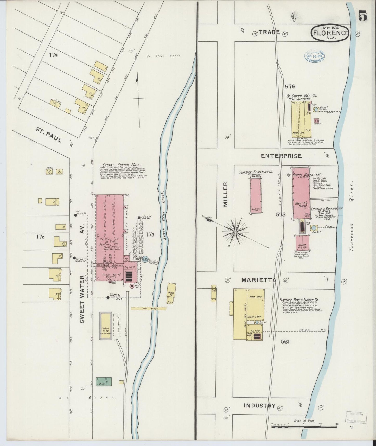 Sanborn Fire Insurance Map from Florence, Lauderdale County, Alabama (1894), Sheet #0005 - Historic Sanborn Fire Insurance Map Print, vintage old map wall art, antique decor, genealogy gift, Alabama Alabama map