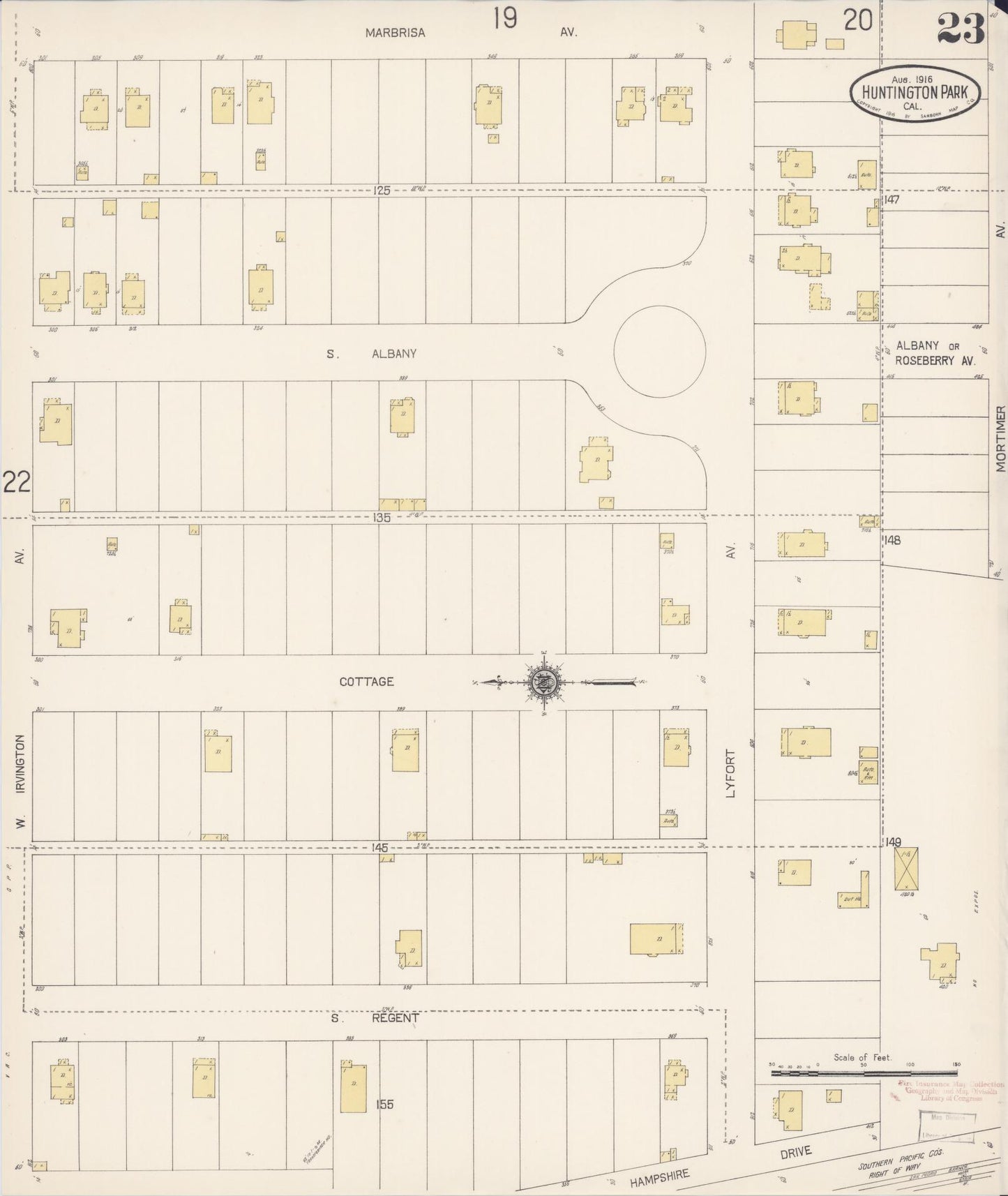 Sanborn Fire Insurance Map from Huntington Park, Los Angeles County, California (1916), Sheet #0023 - Historic Sanborn Fire Insurance Map Print, vintage old map wall art, antique decor, genealogy gift, California California map
