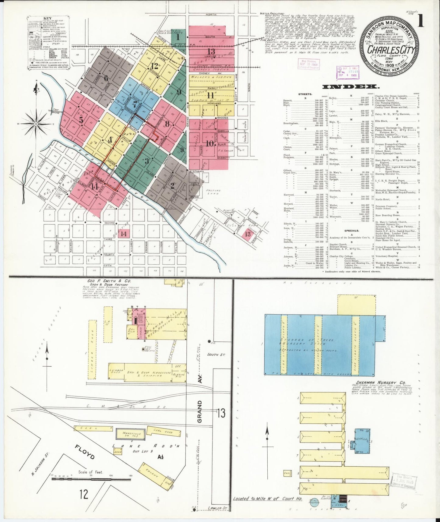 Sanborn Fire Insurance Map from Charles City, Floyd County, Iowa (1909), Sheet #0001 - Historic Sanborn Fire Insurance Map Print, vintage old map wall art