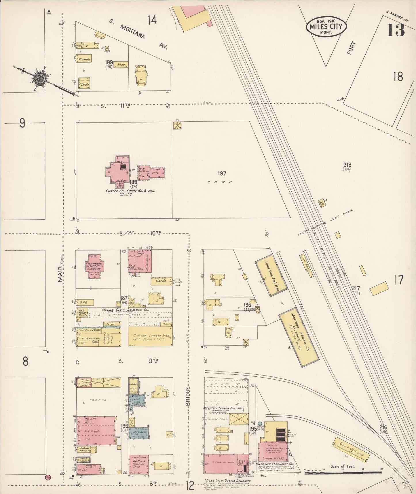 Sanborn Fire Insurance Map from Miles City, Custer County, Montana (1910), Sheet #0013 - Historic Sanborn Fire Insurance Map Print, vintage old map wall art, antique decor, genealogy gift, Montana Montana map