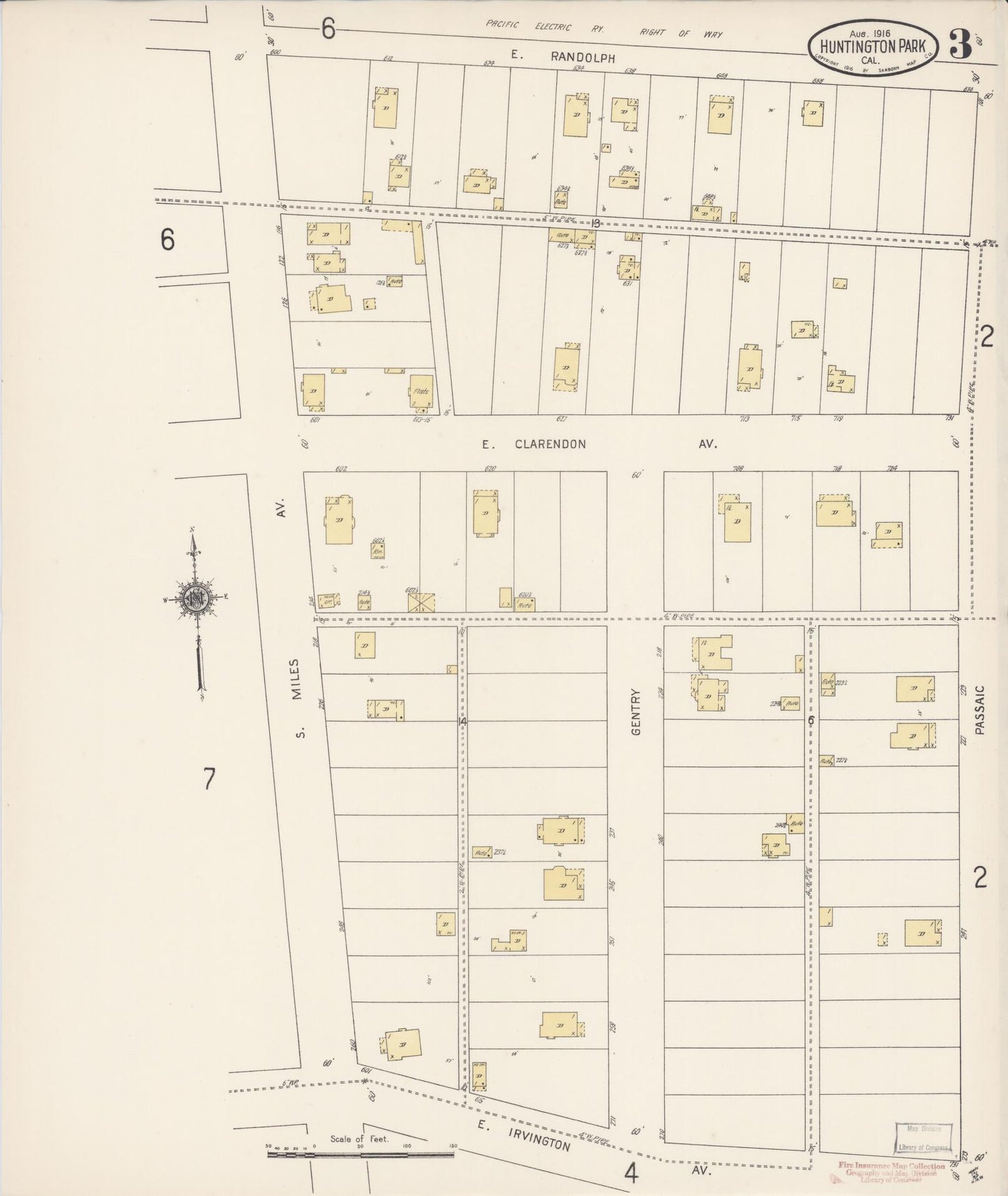 Sanborn Fire Insurance Map from Huntington Park, Los Angeles County, California (1916), Sheet #0003 - Historic Sanborn Fire Insurance Map Print, vintage old map wall art, antique decor, genealogy gift, California California map