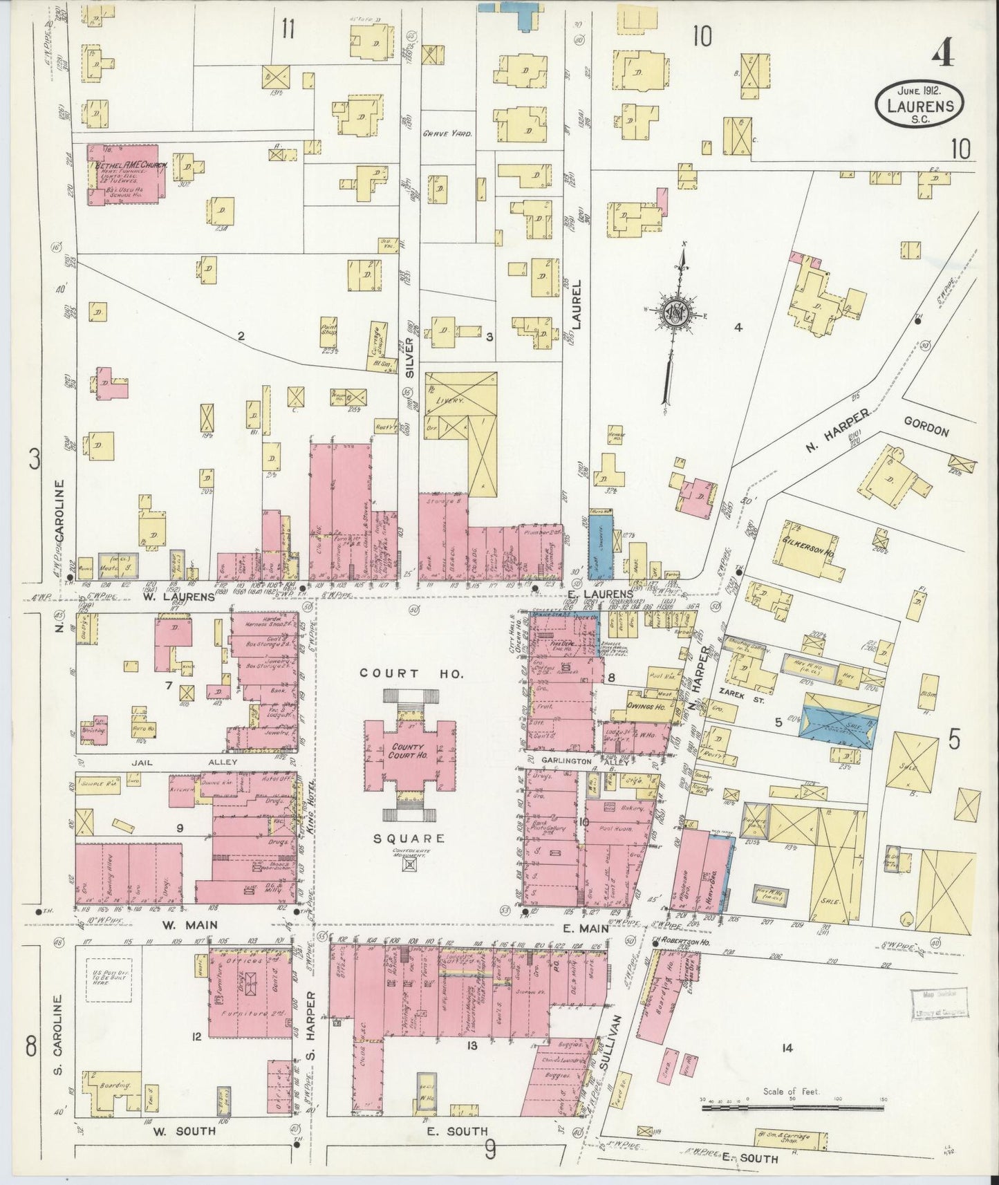 Sanborn Fire Insurance Map from Laurens, Laurens County, South Carolina (1912), Sheet #0004 - Historic Sanborn Fire Insurance Map Print, vintage old map wall art, antique decor, genealogy gift, South Carolina South Carolina map