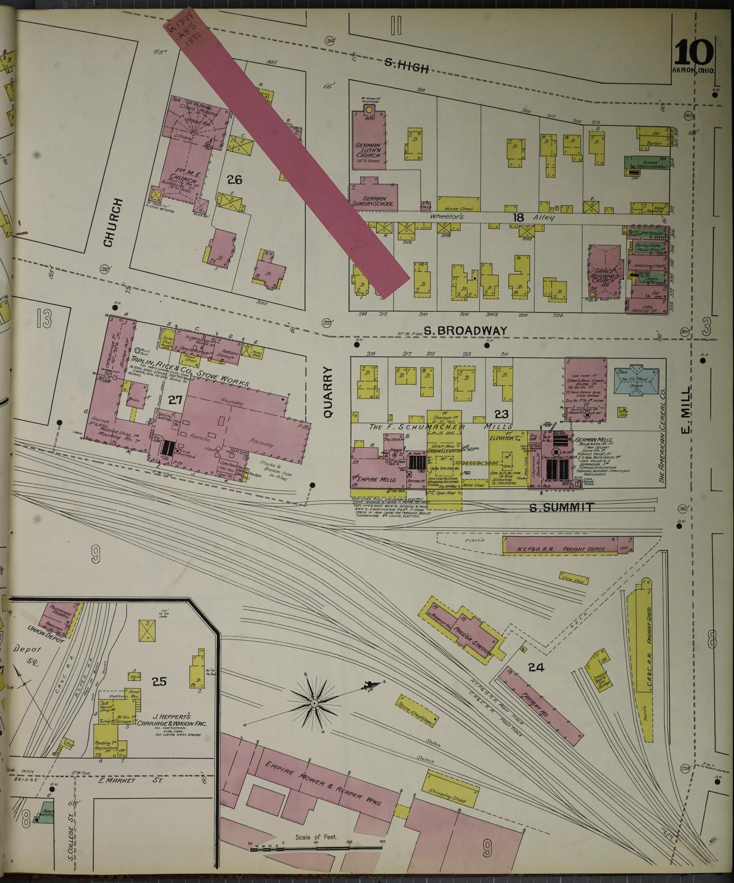 Sanborn Fire Insurance Map from Akron, Summit County, Ohio (1892), Sheet #0010 - Historic Sanborn Fire Insurance Map Print, vintage old map wall art, antique decor, genealogy gift, Ohio Ohio map