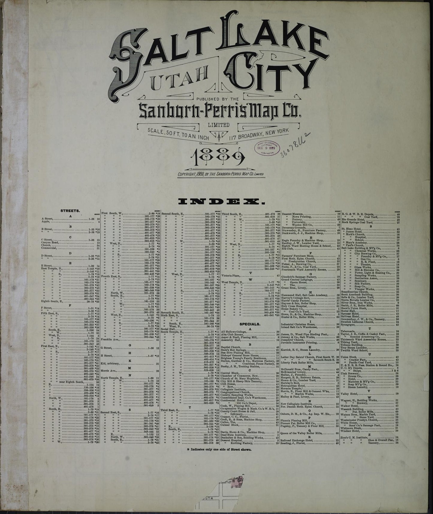 Sanborn Fire Insurance Map from Salt Lake City, Salt Lake County, Utah. (1889) – Historic Sanborn Fire Insurance Map Print